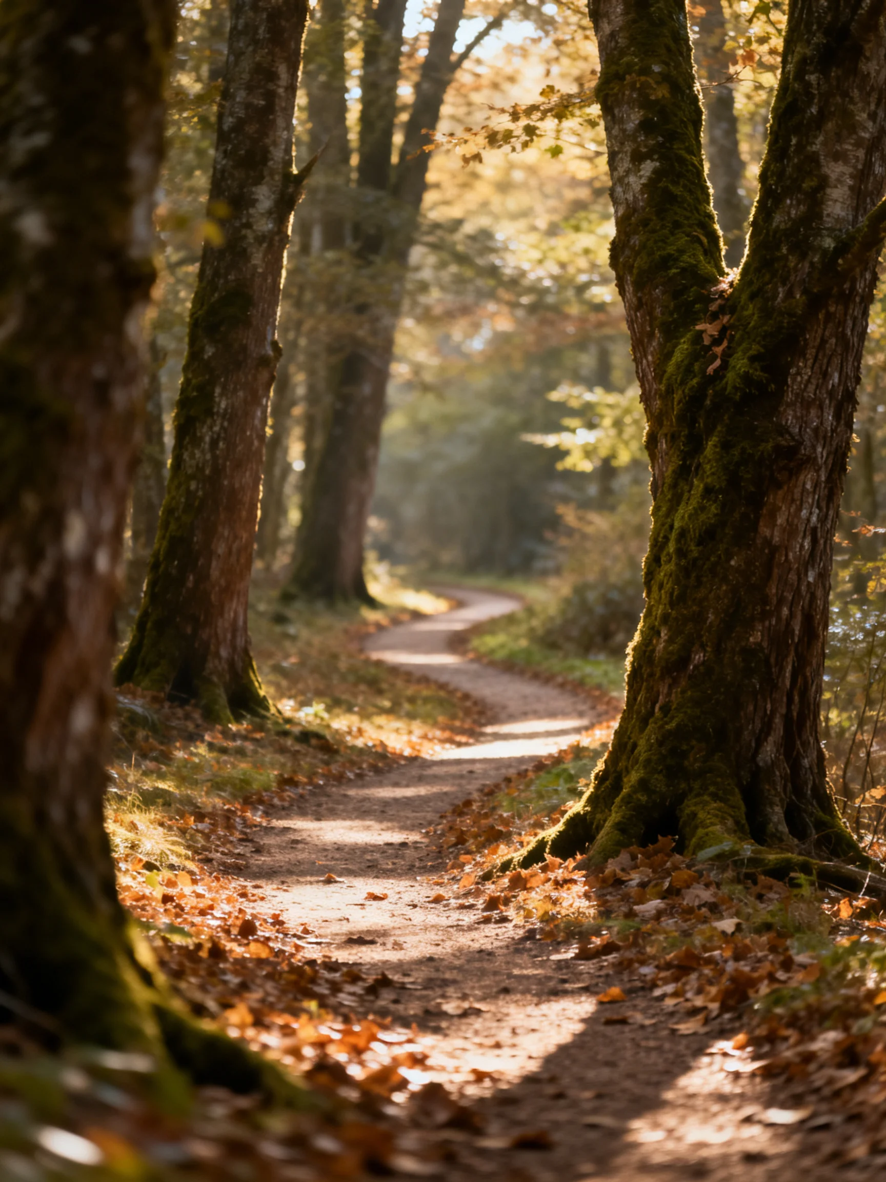 A winding dirt path through moss-covered trees with golden autumn leaves