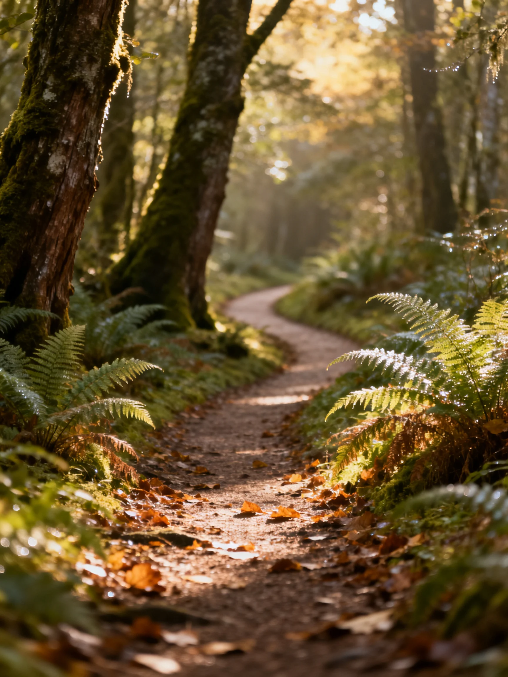 A winding dirt path through mossy trees and ferns in golden light