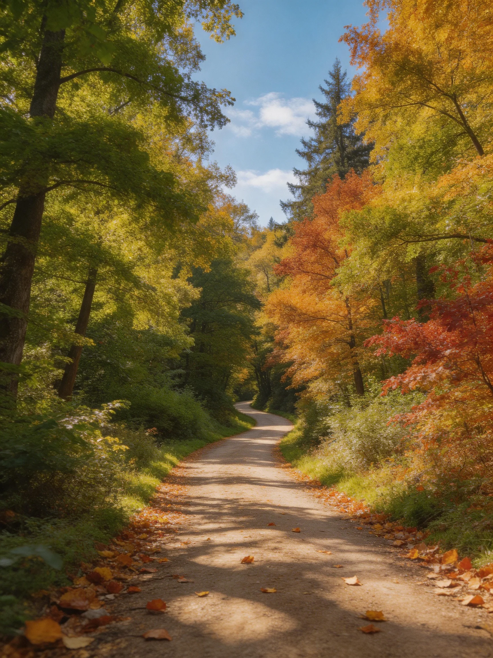 A winding dirt path through multicolored autumn woods under bright sunlight