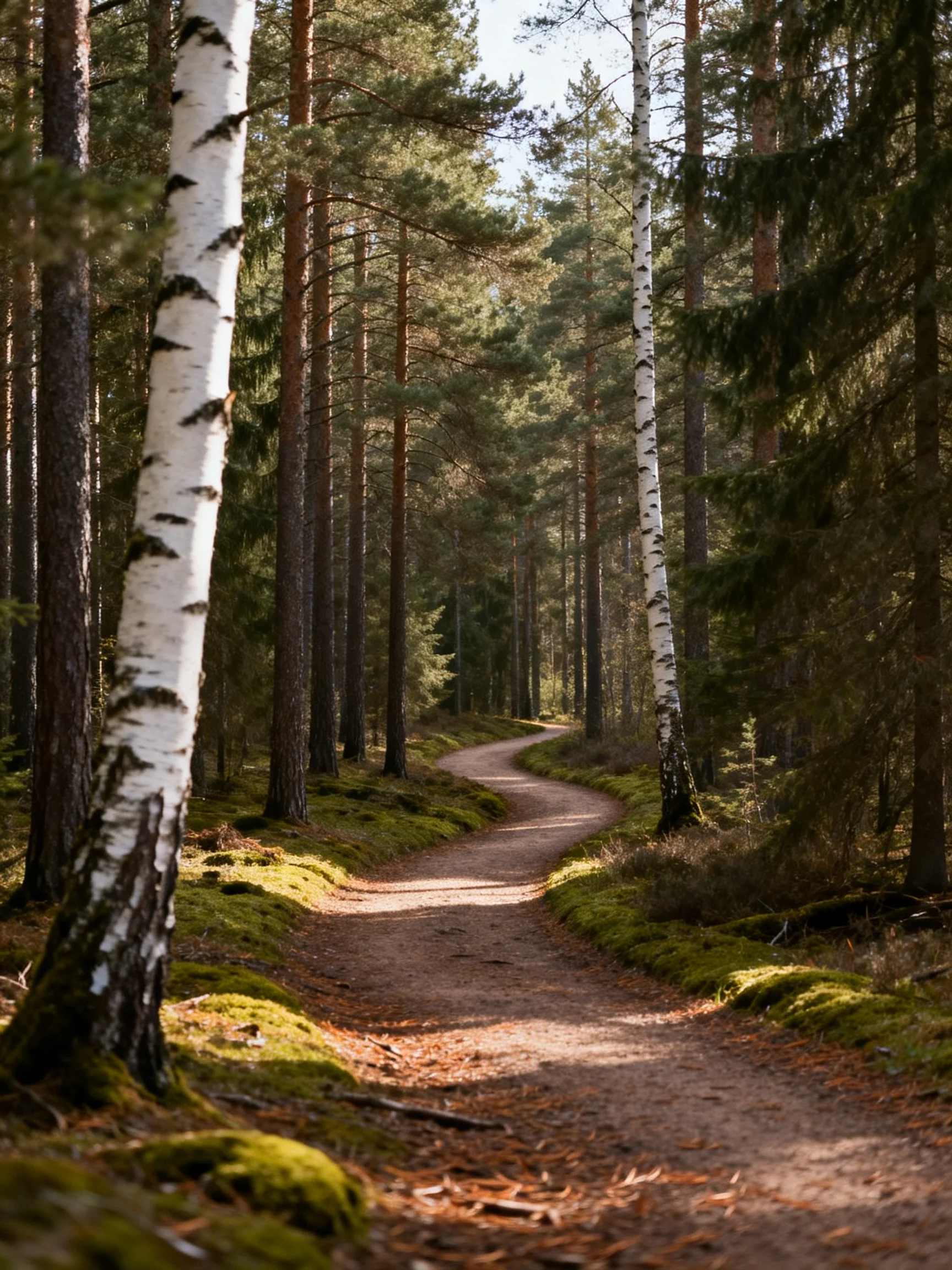 A winding dirt path through tall birch and pine trees with mossy ground