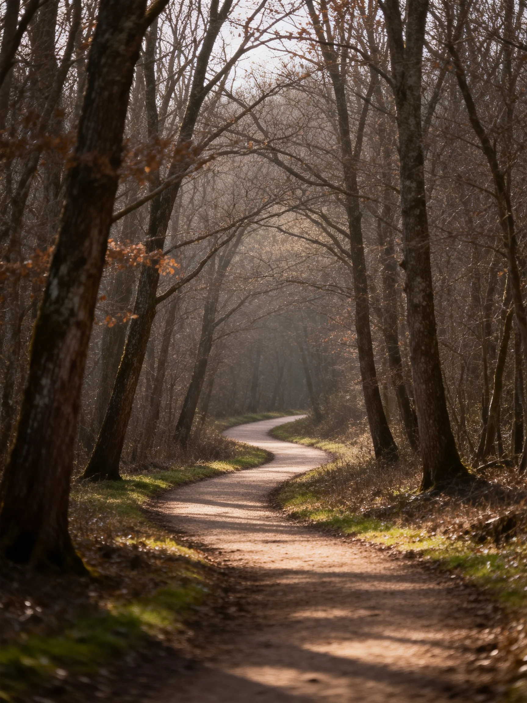 A winding dirt path through tall brown trees with soft golden light