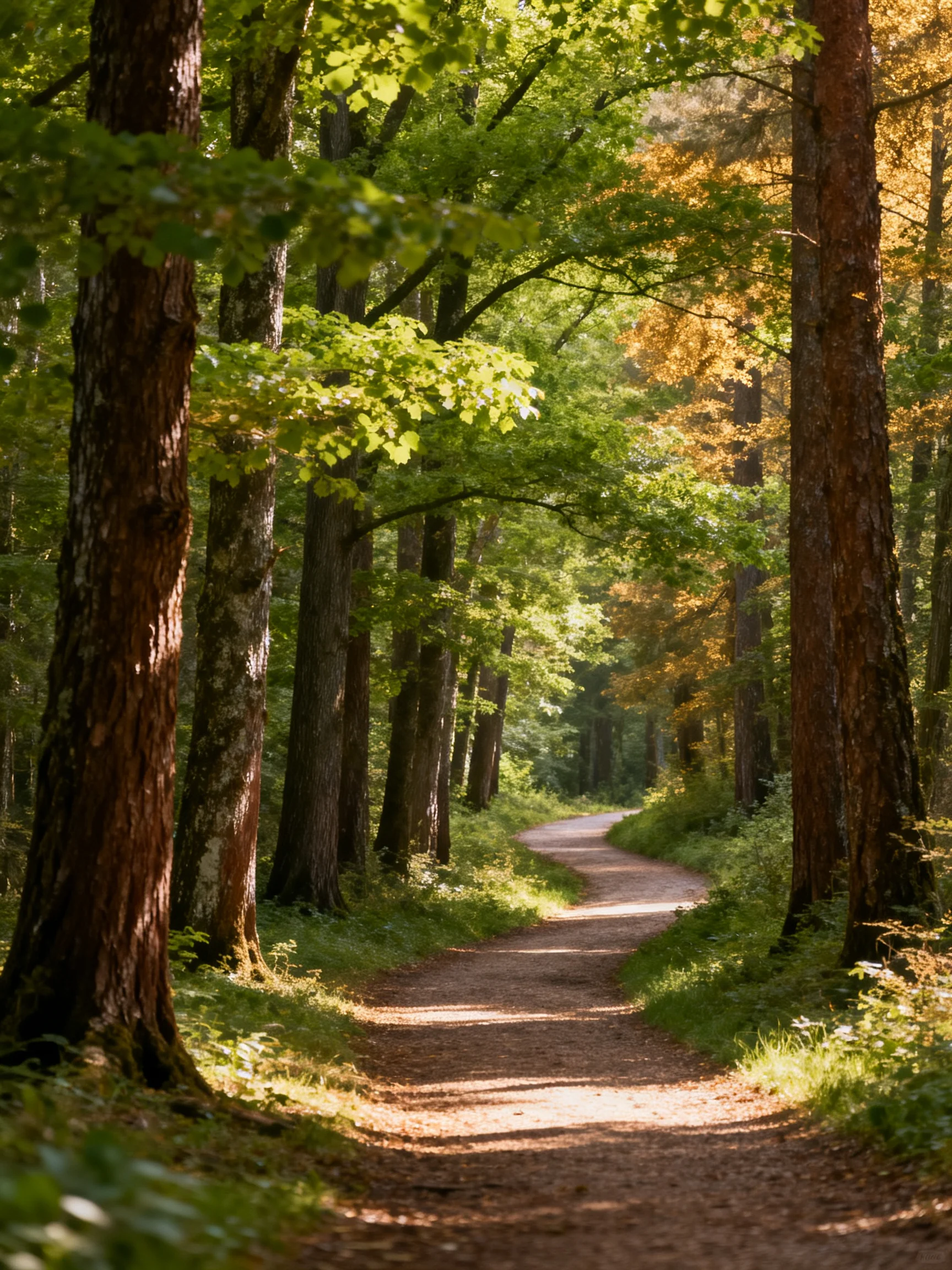 A winding dirt path through tall brown-trunked trees with lush green foliage