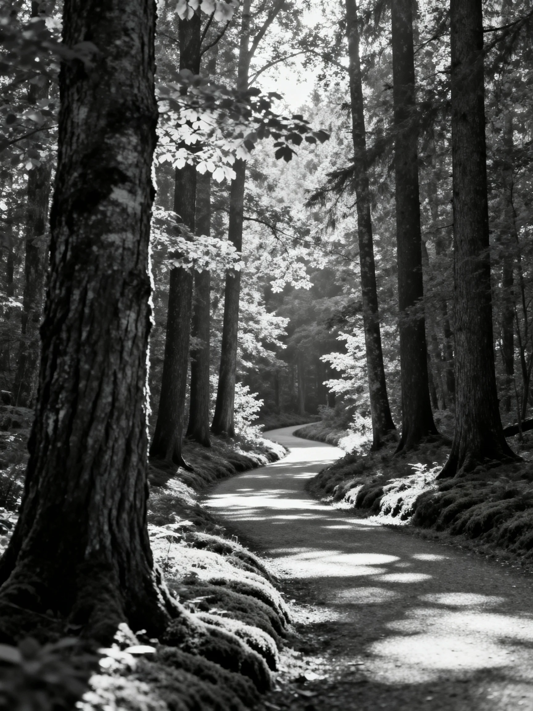 A winding dirt path through tall dense trees in black and white