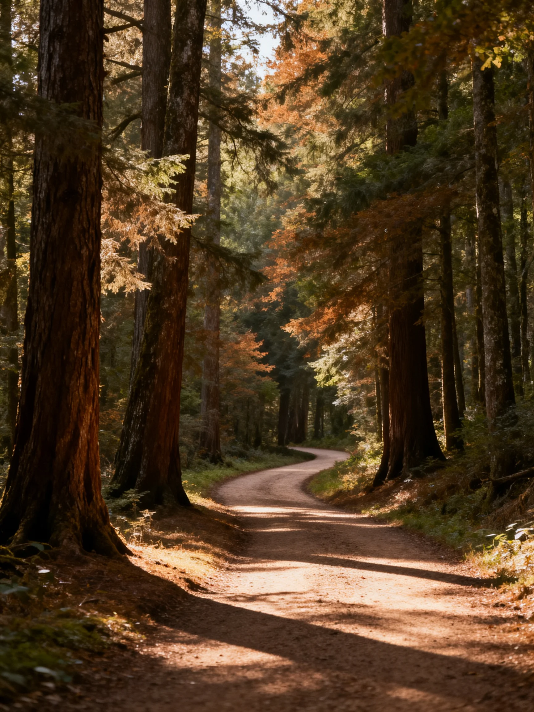 A winding dirt path through tall evergreen and autumn-colored forests