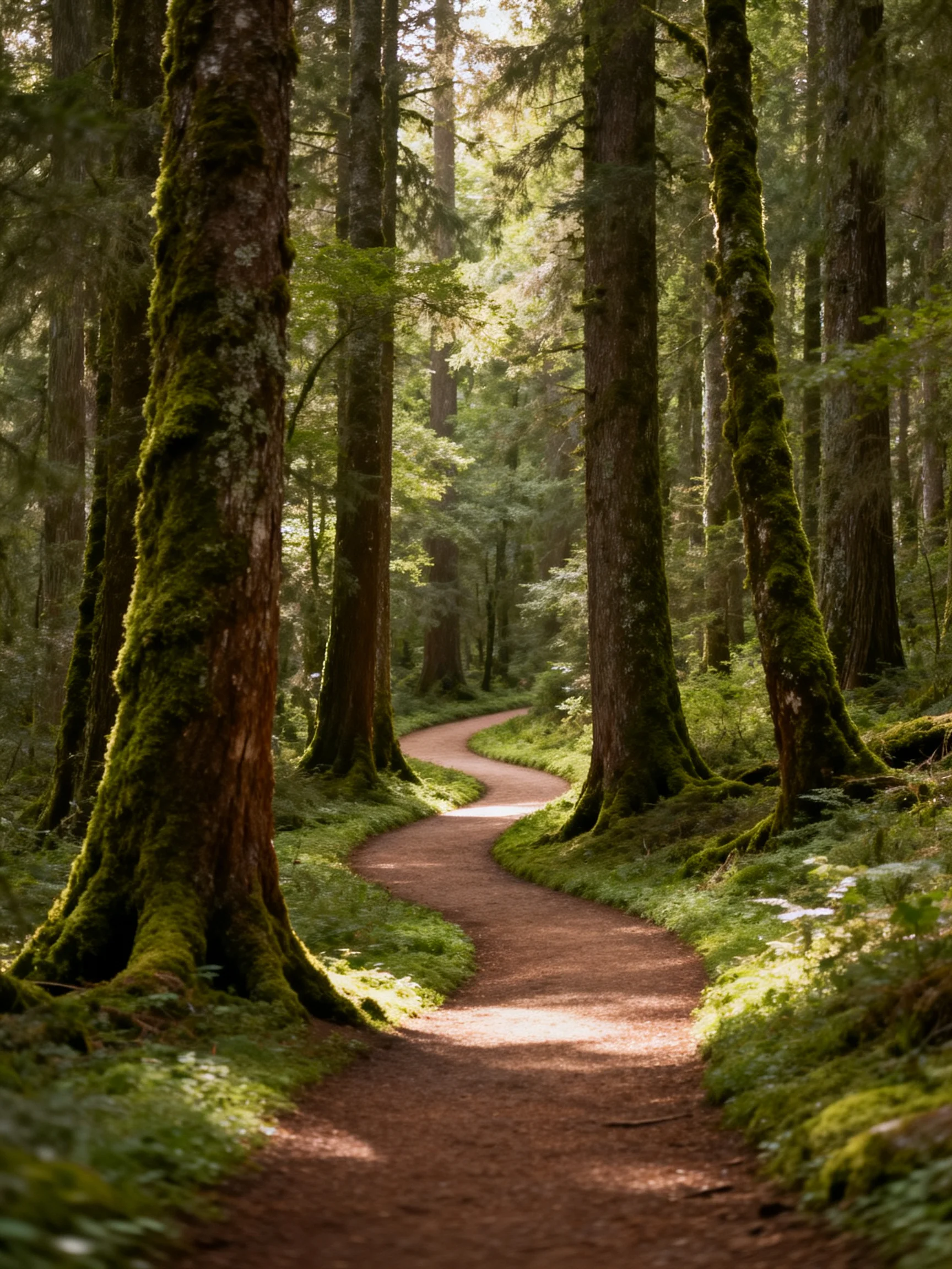 A winding dirt path through tall moss-covered trees in a sun-dappled forest