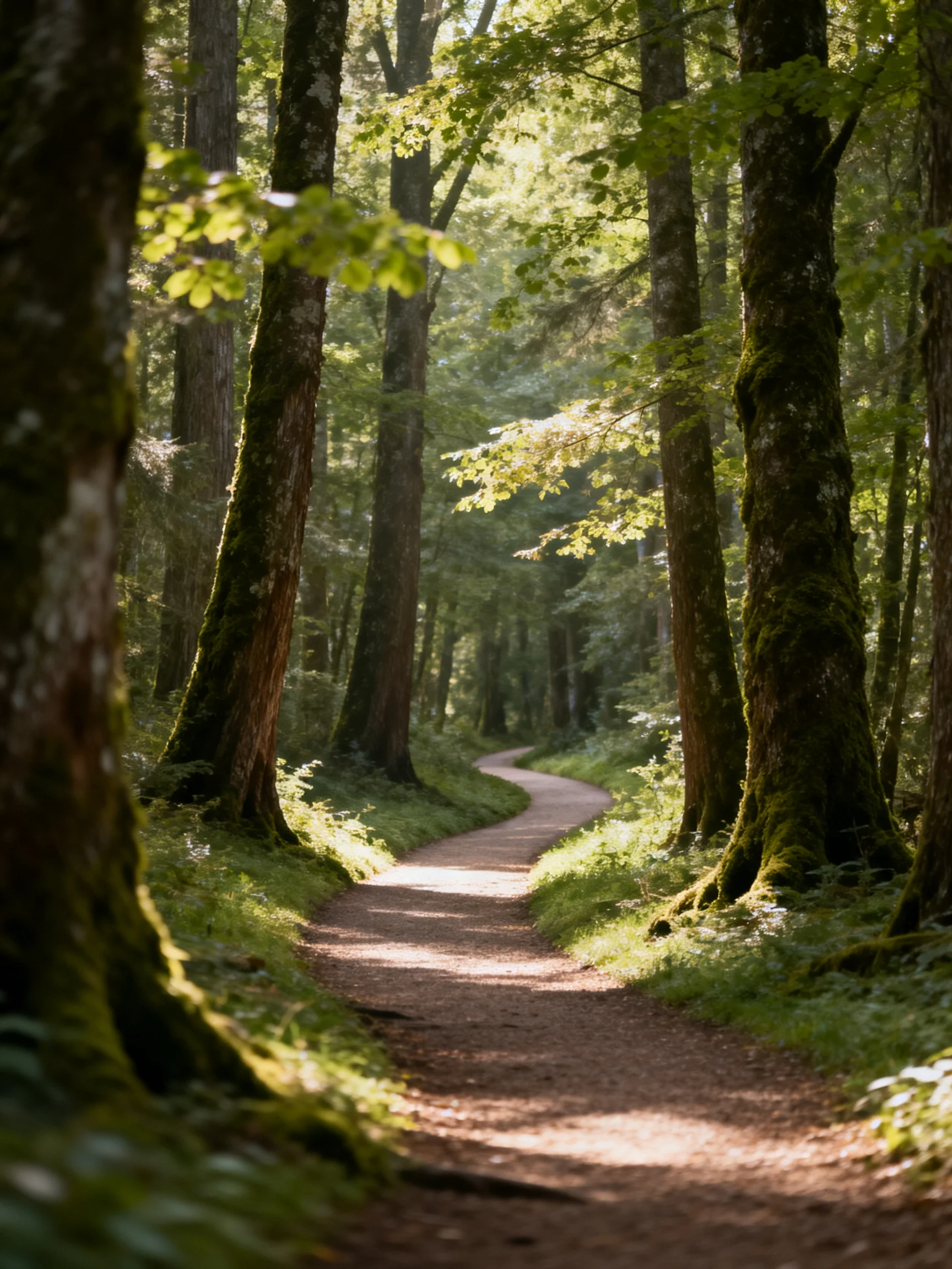 A winding dirt path through tall moss-covered trees in sun-dappled woods