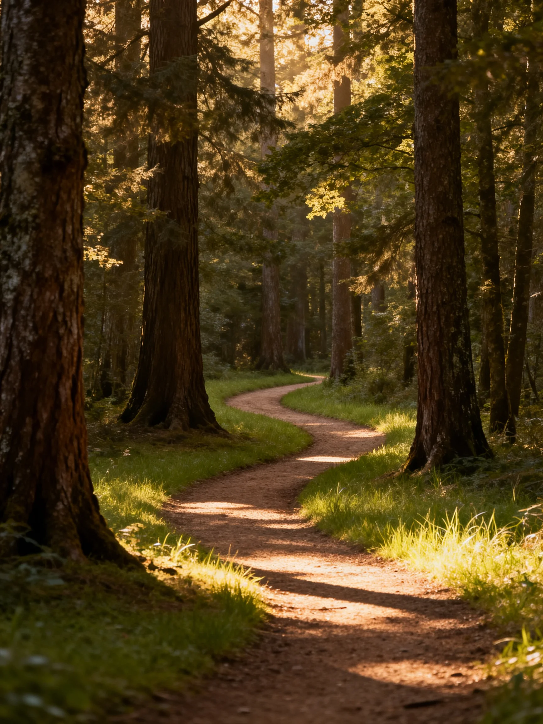 A winding dirt path through towering evergreen trees bathed in golden light