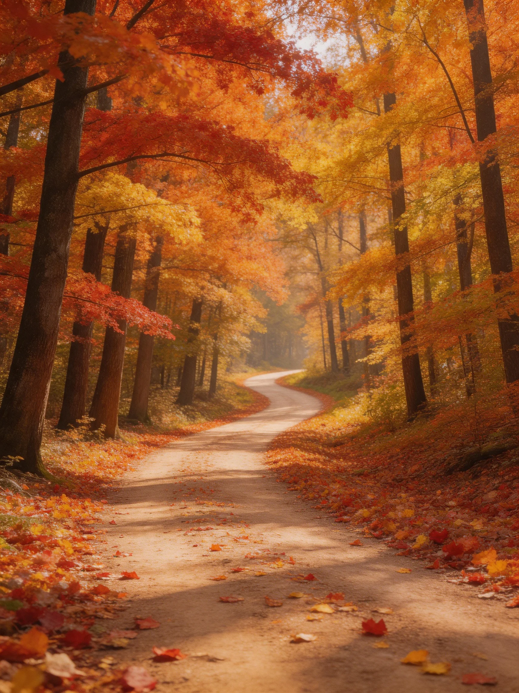 A winding dirt path through vibrant autumn forest