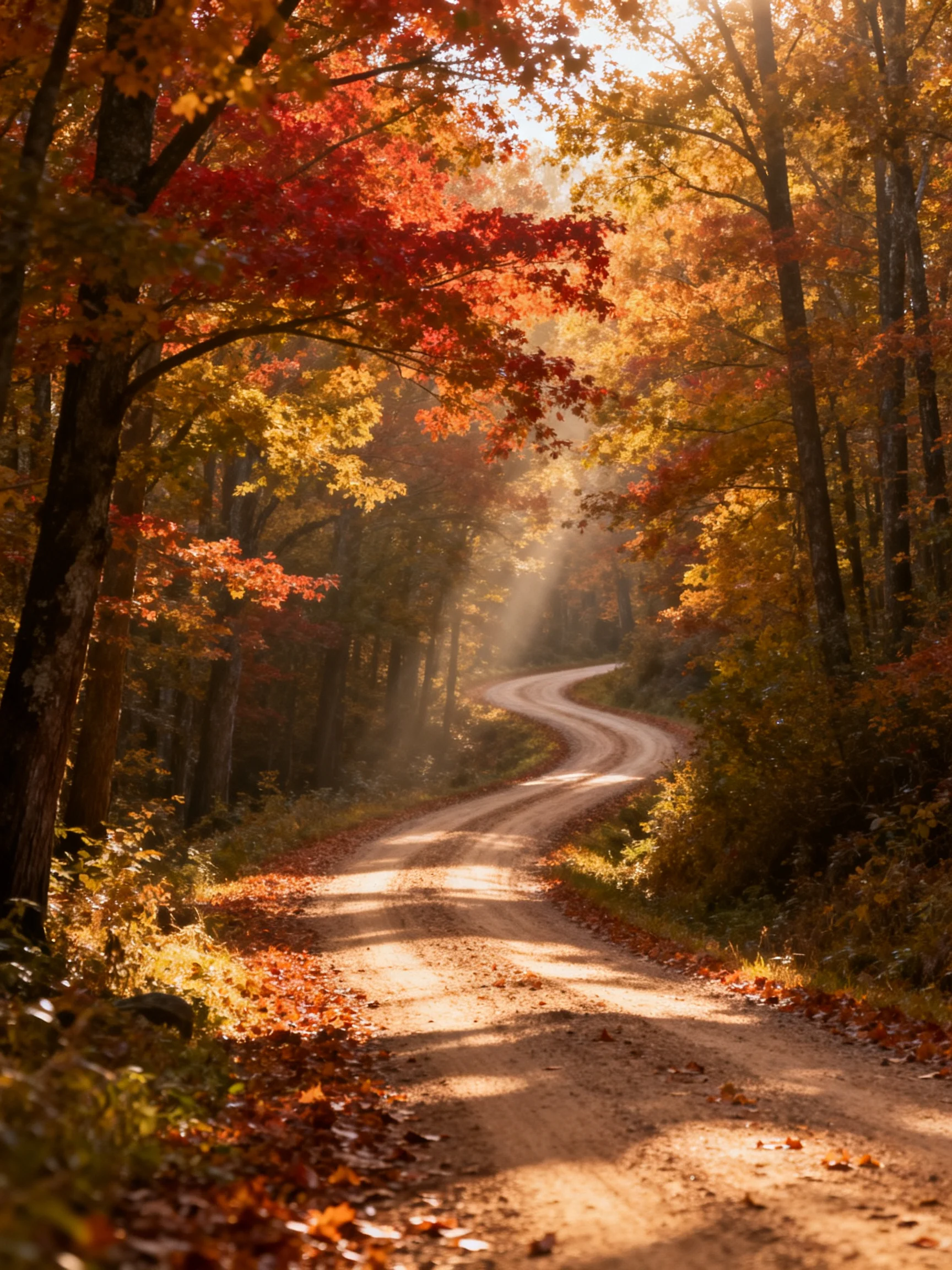 A winding dirt path through vibrant autumn forest with golden and crimson foliage
