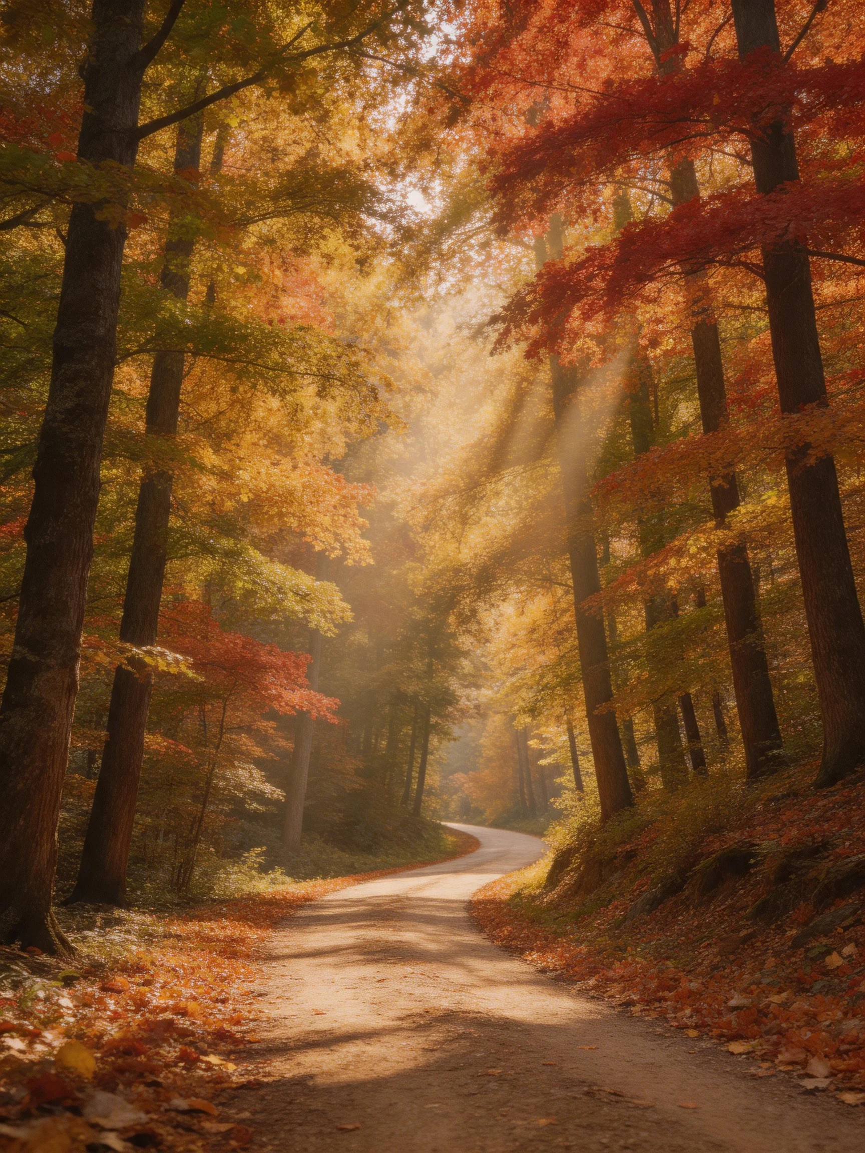 A winding dirt path through vibrant autumn forest with golden and crimson foliage