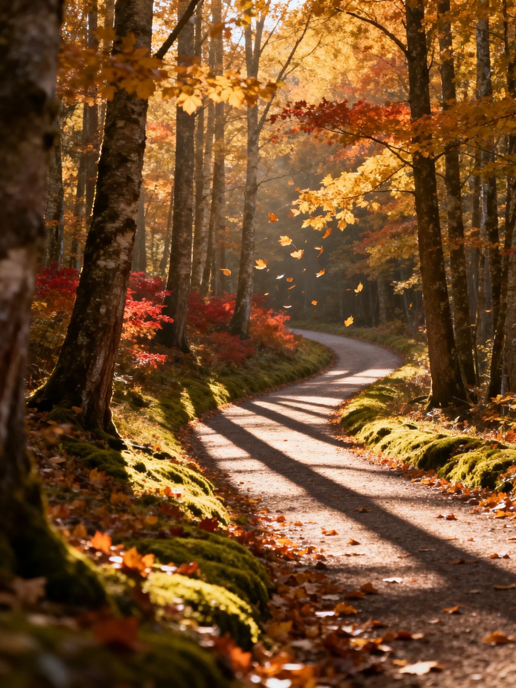 A winding dirt path through vibrant autumn woods with golden and crimson leaves