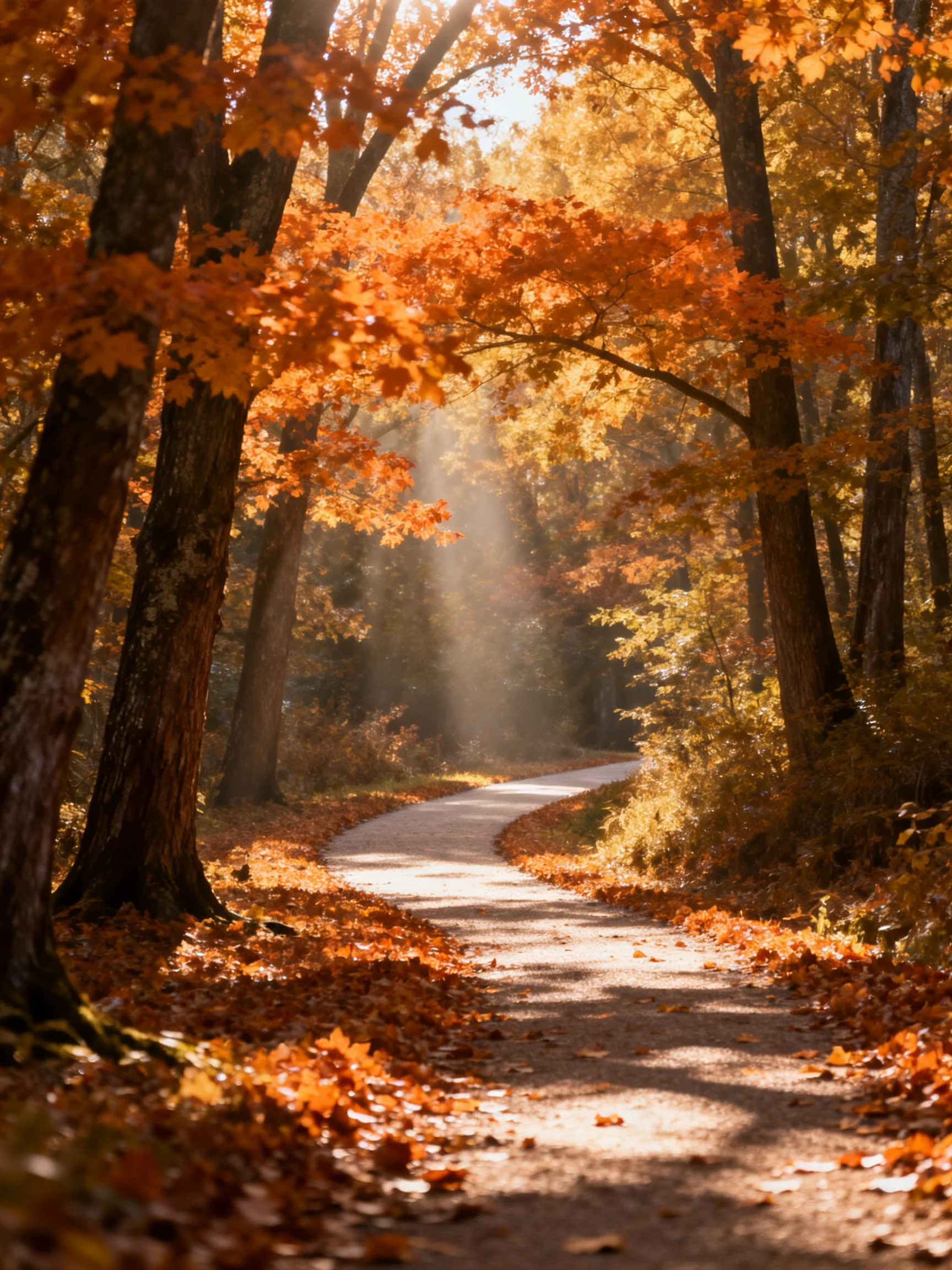 A winding dirt path through vibrant autumn woods with golden foliage
