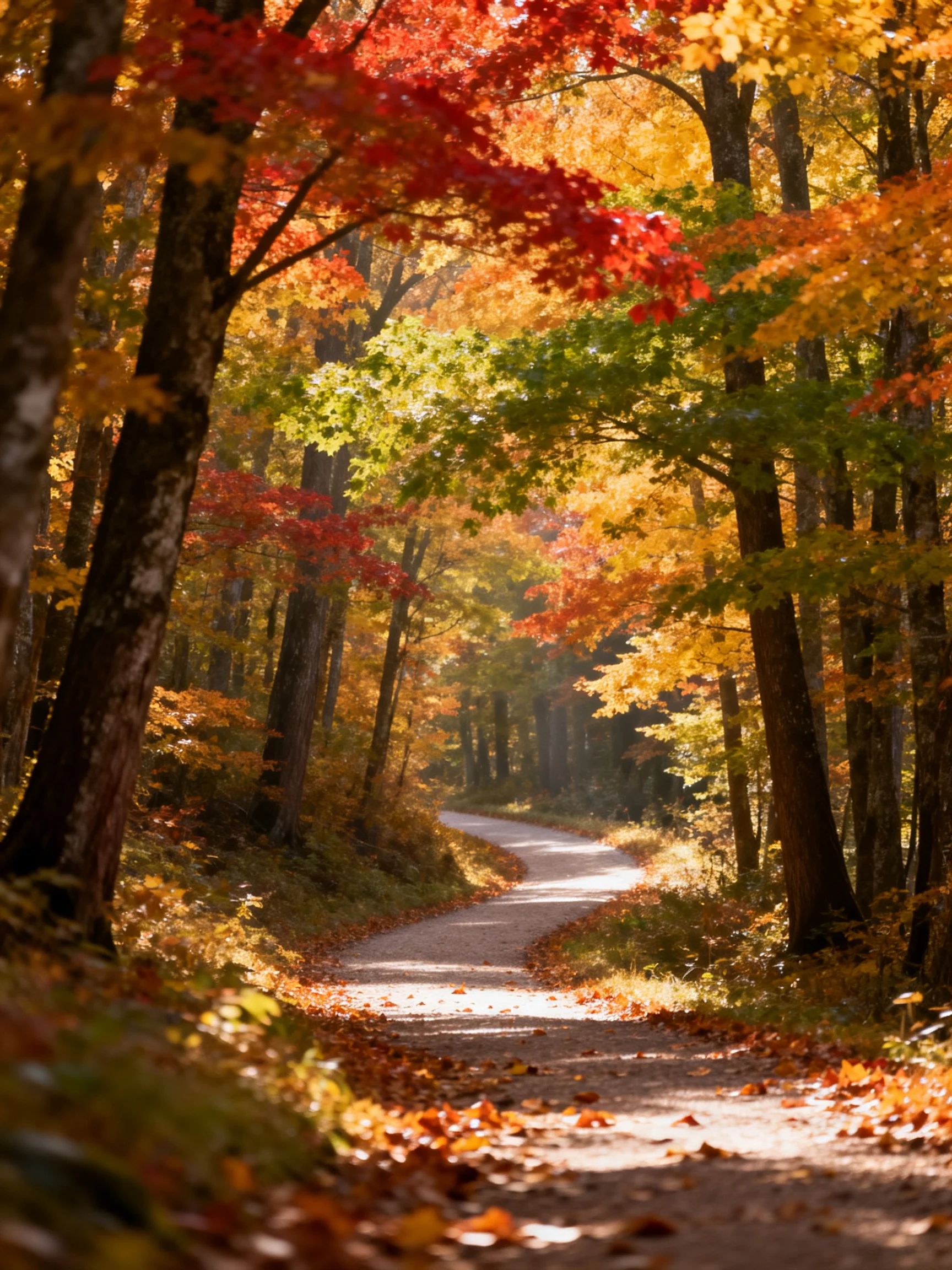 A winding dirt path through vibrant autumn woods with red, yellow, green leaves