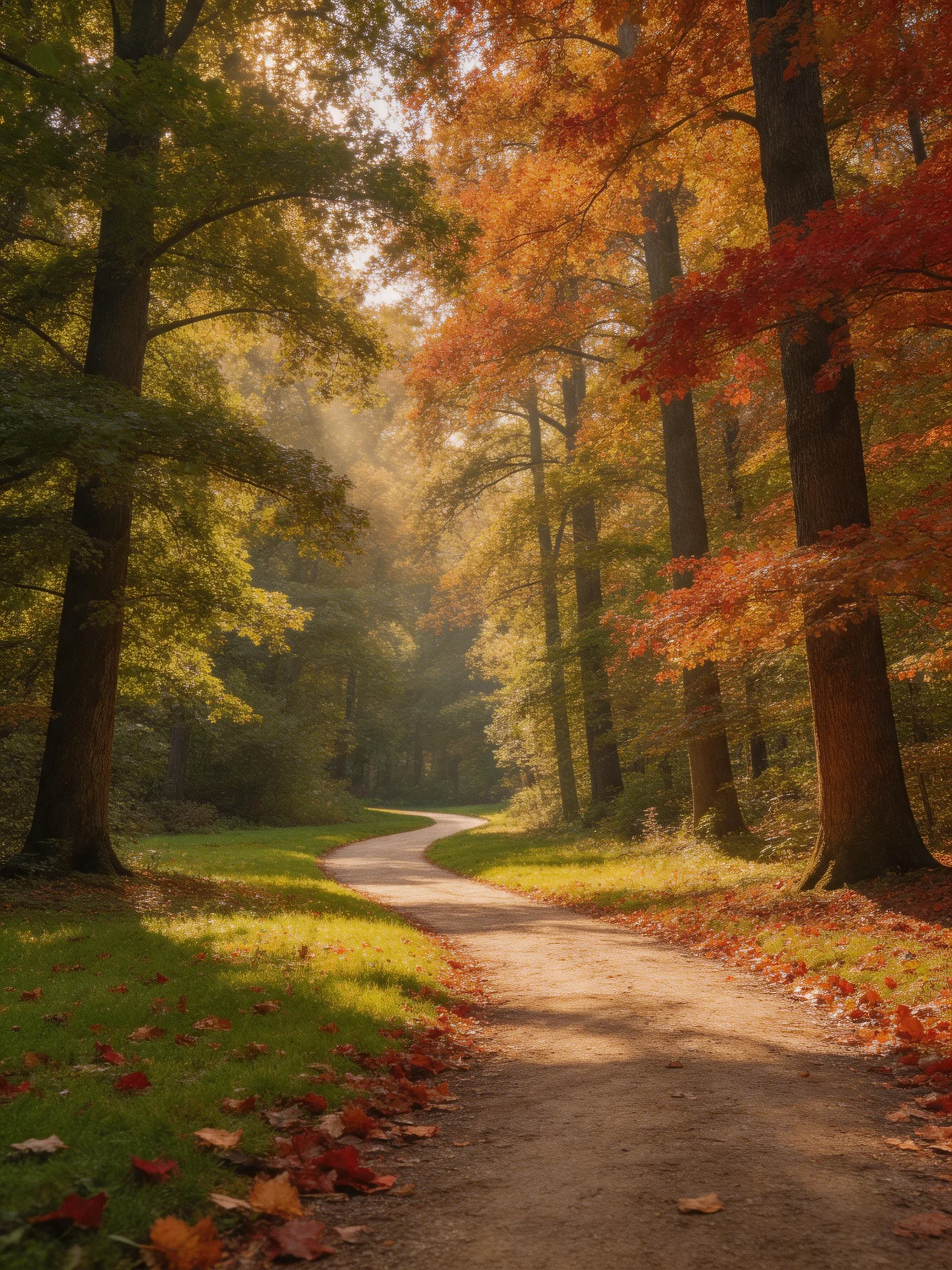 A winding dirt path through vibrant fall foliage and tall trees