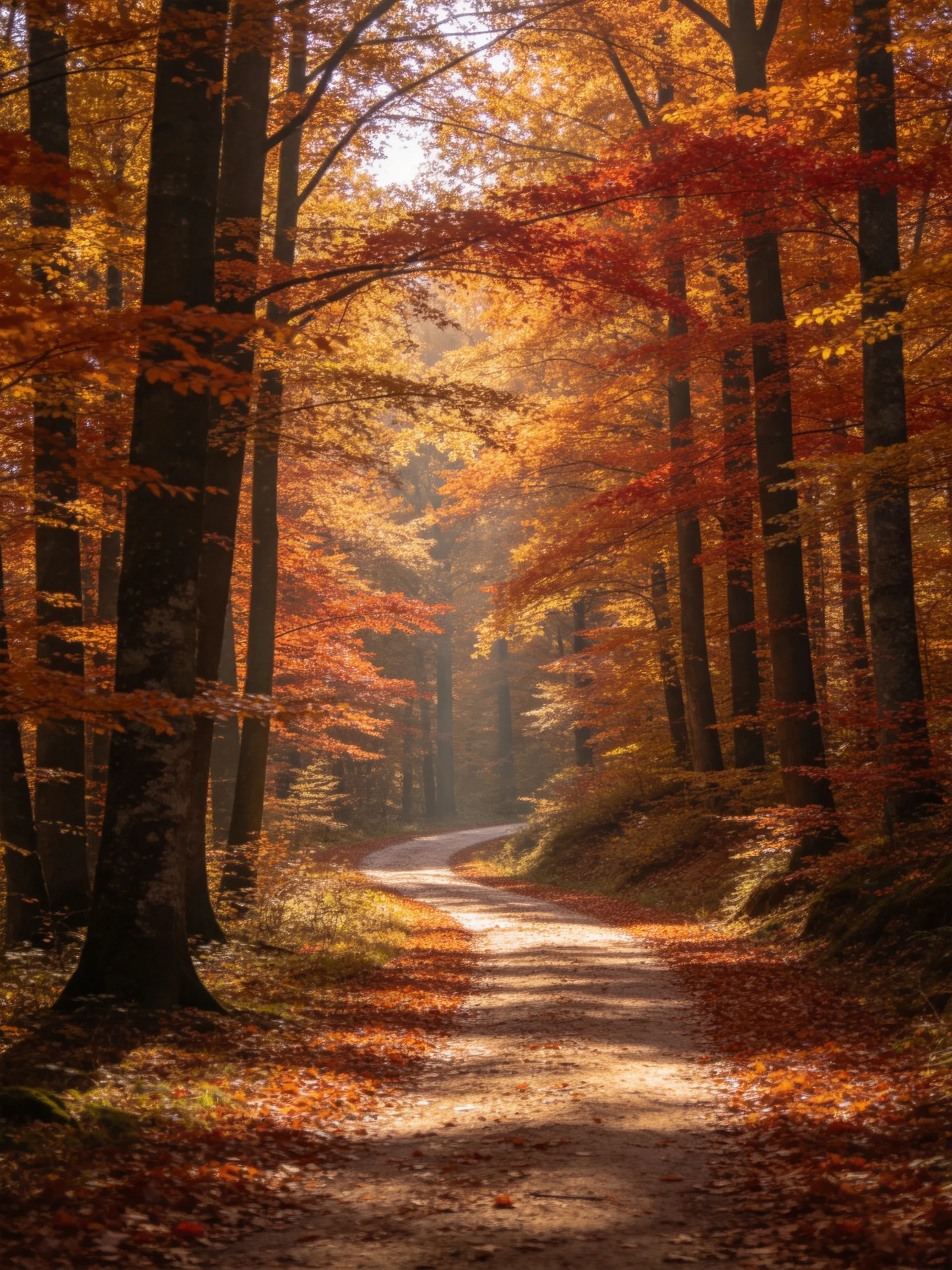 A winding dirt path through vibrant fall foliage in golden sunlight