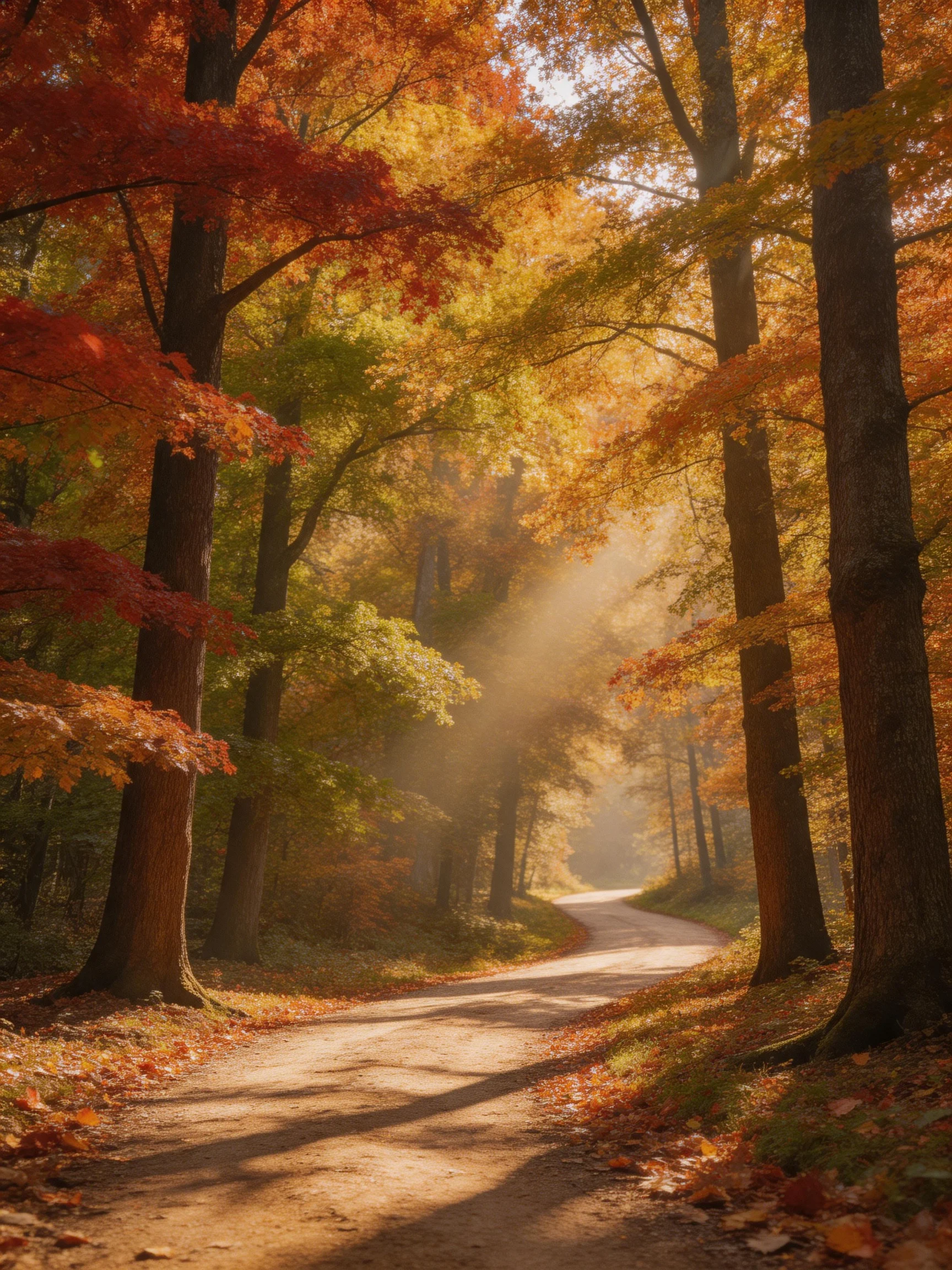 A winding dirt path through vibrant fall foliage with golden sunlight