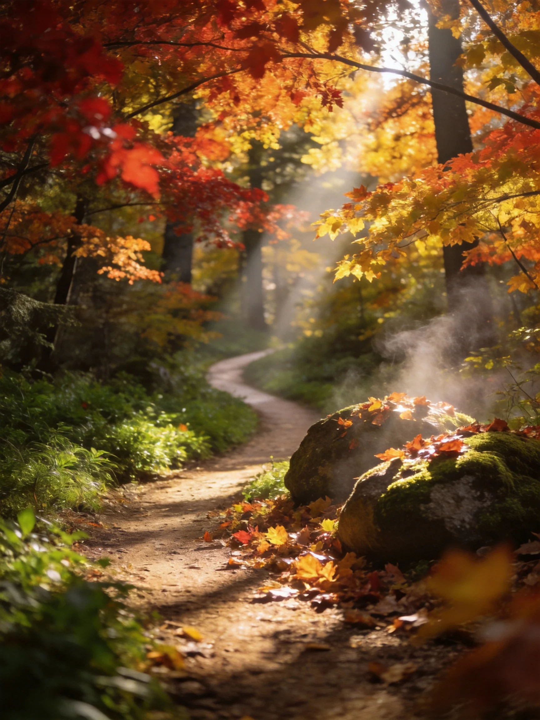 A winding dirt path through vibrant fall foliage with golden sunlight