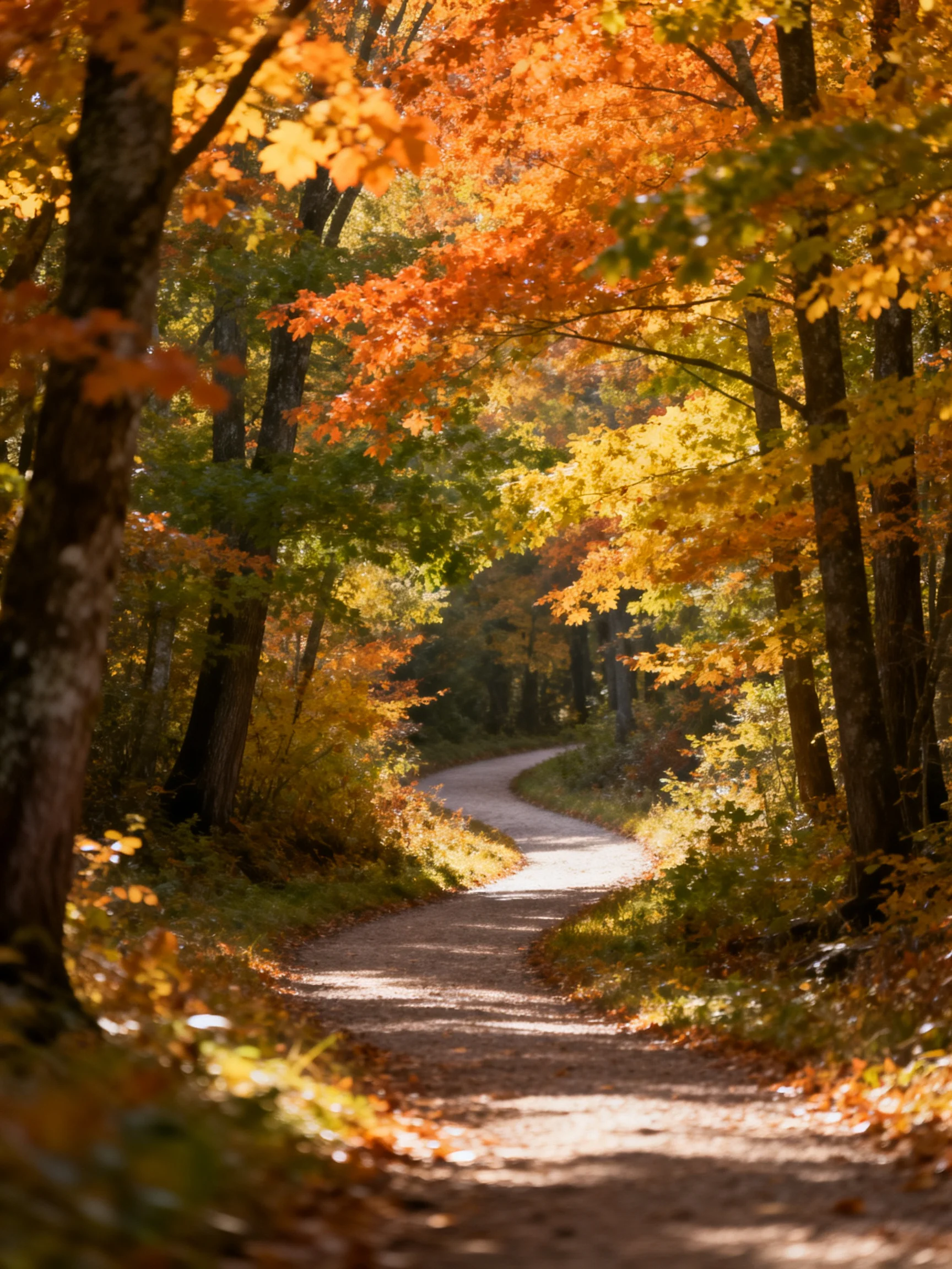 A winding dirt path through vibrant fall forest