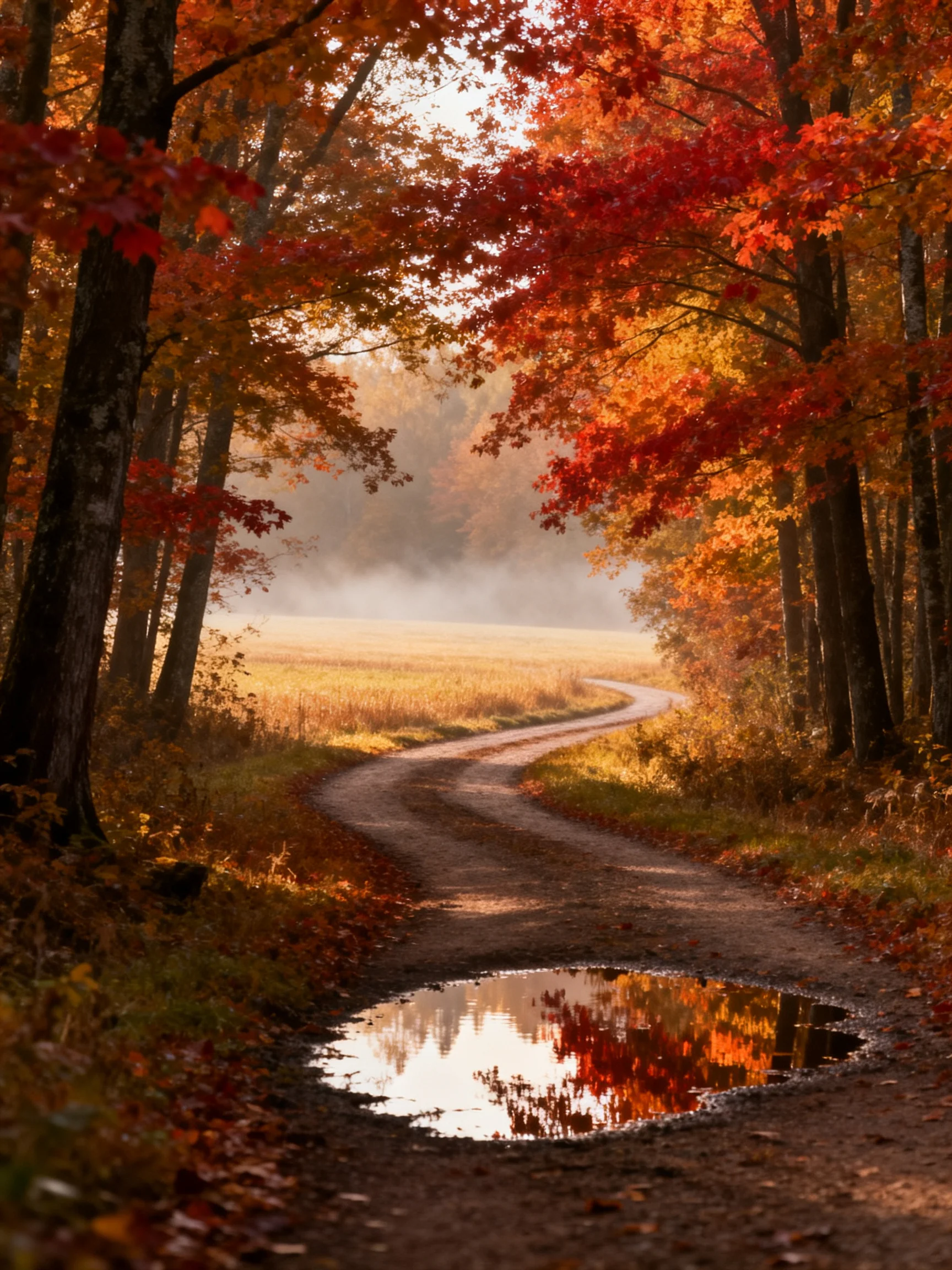 A winding dirt path through vibrant fall forest with colorful reflections