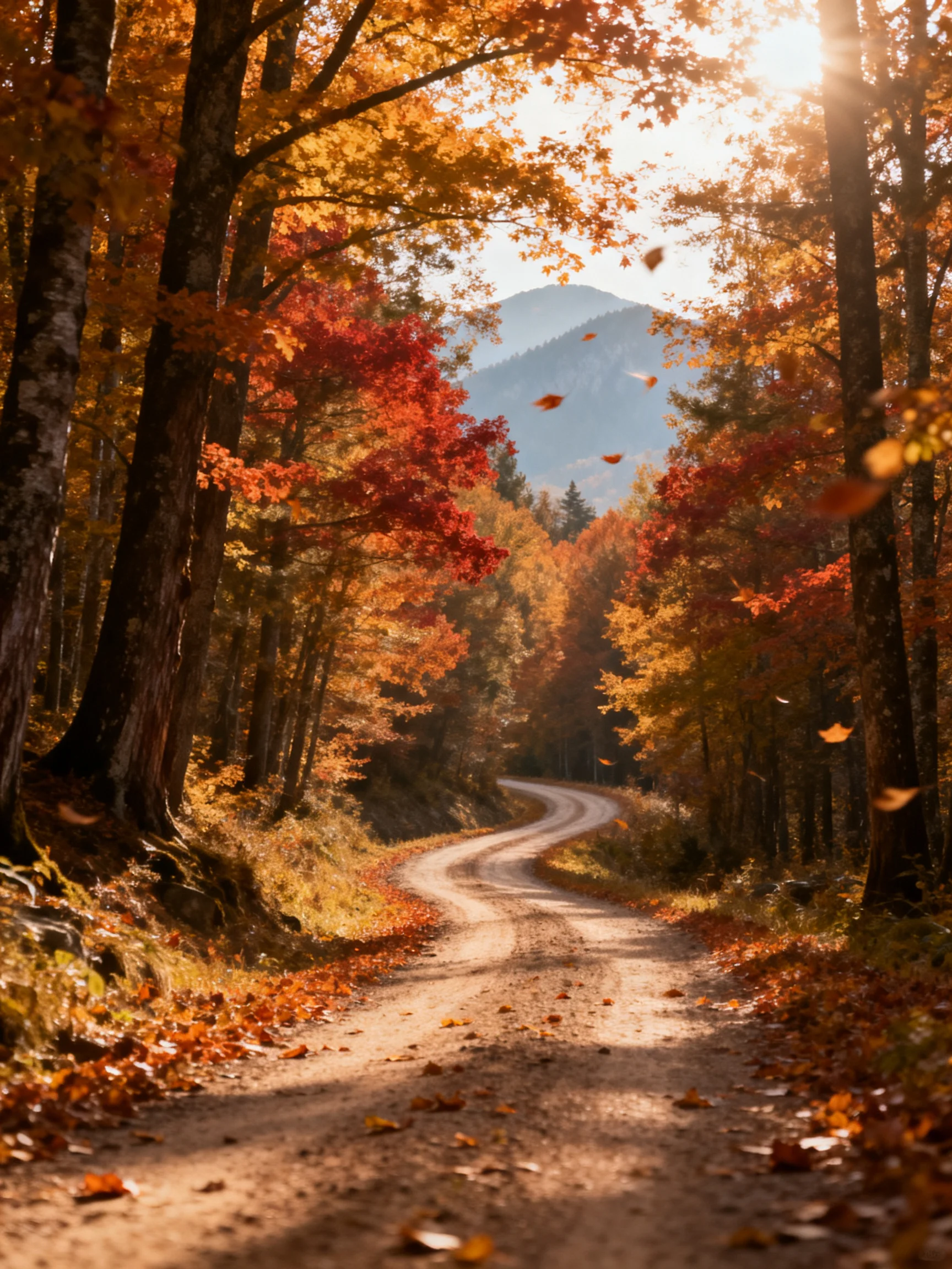 A winding dirt path through vibrant fall forest with golden and crimson leaves