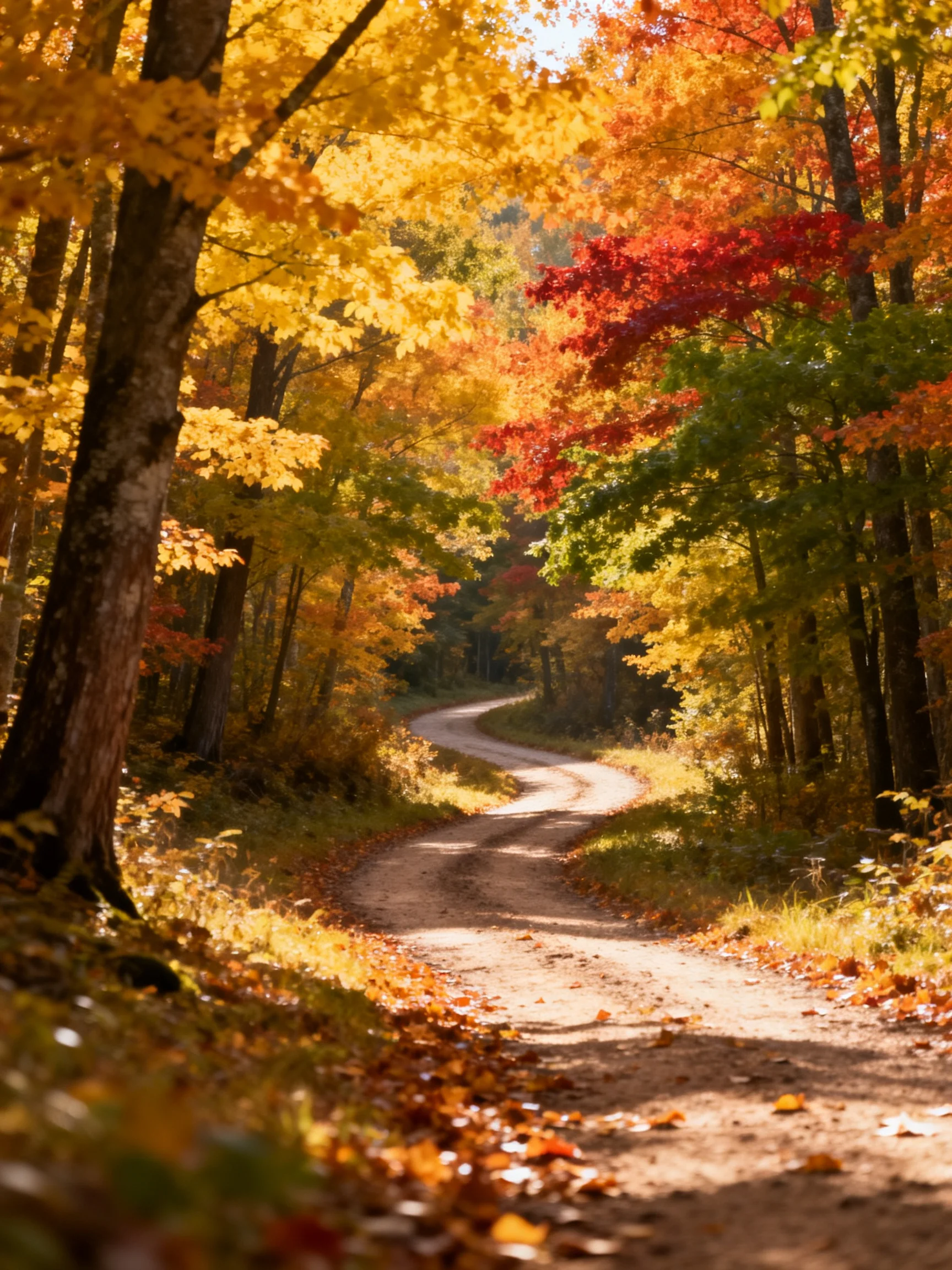 A winding dirt path through vibrant fall forest with golden, red, green leaves