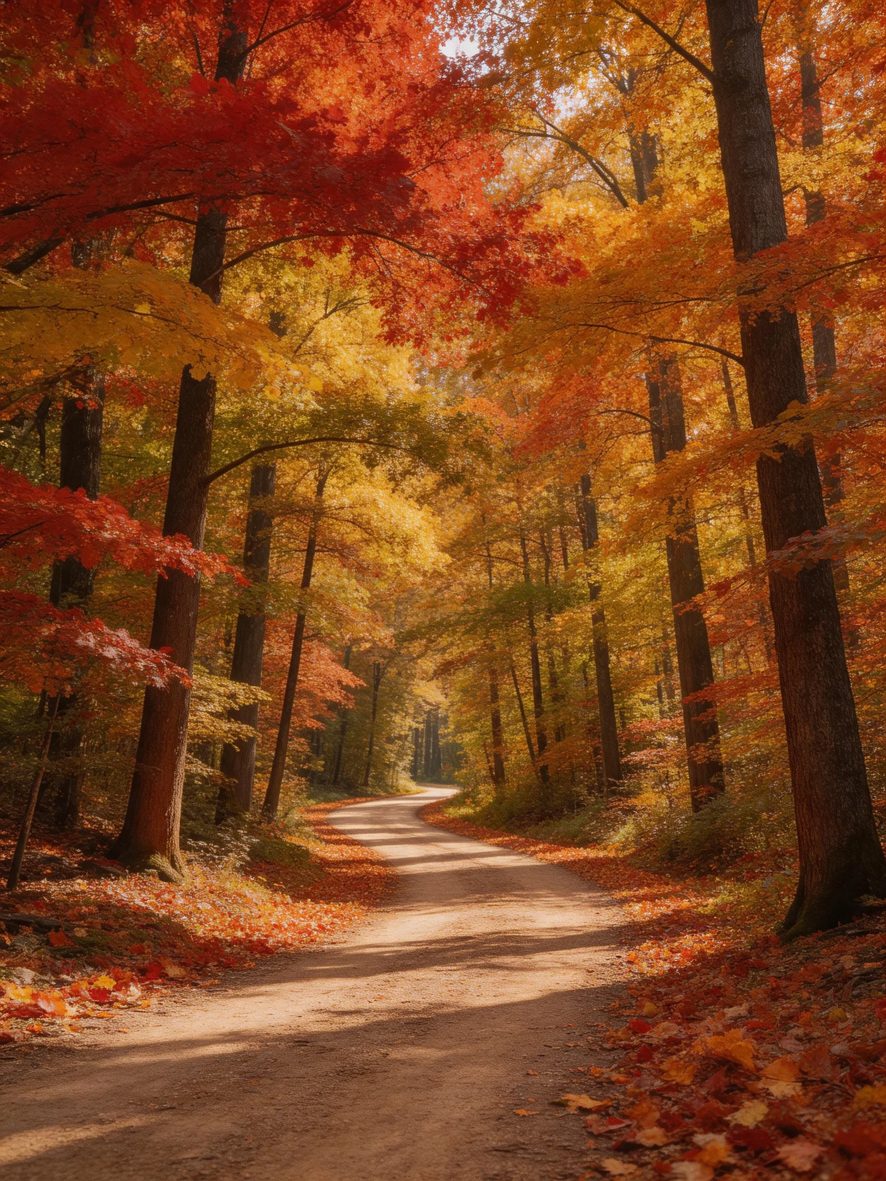 A winding dirt path through vibrant fall forest with red, gold foliage