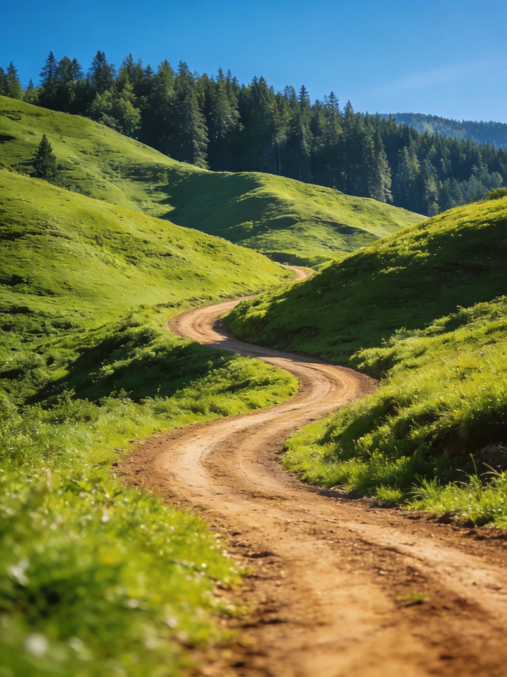A winding dirt path through vibrant green rolling hills