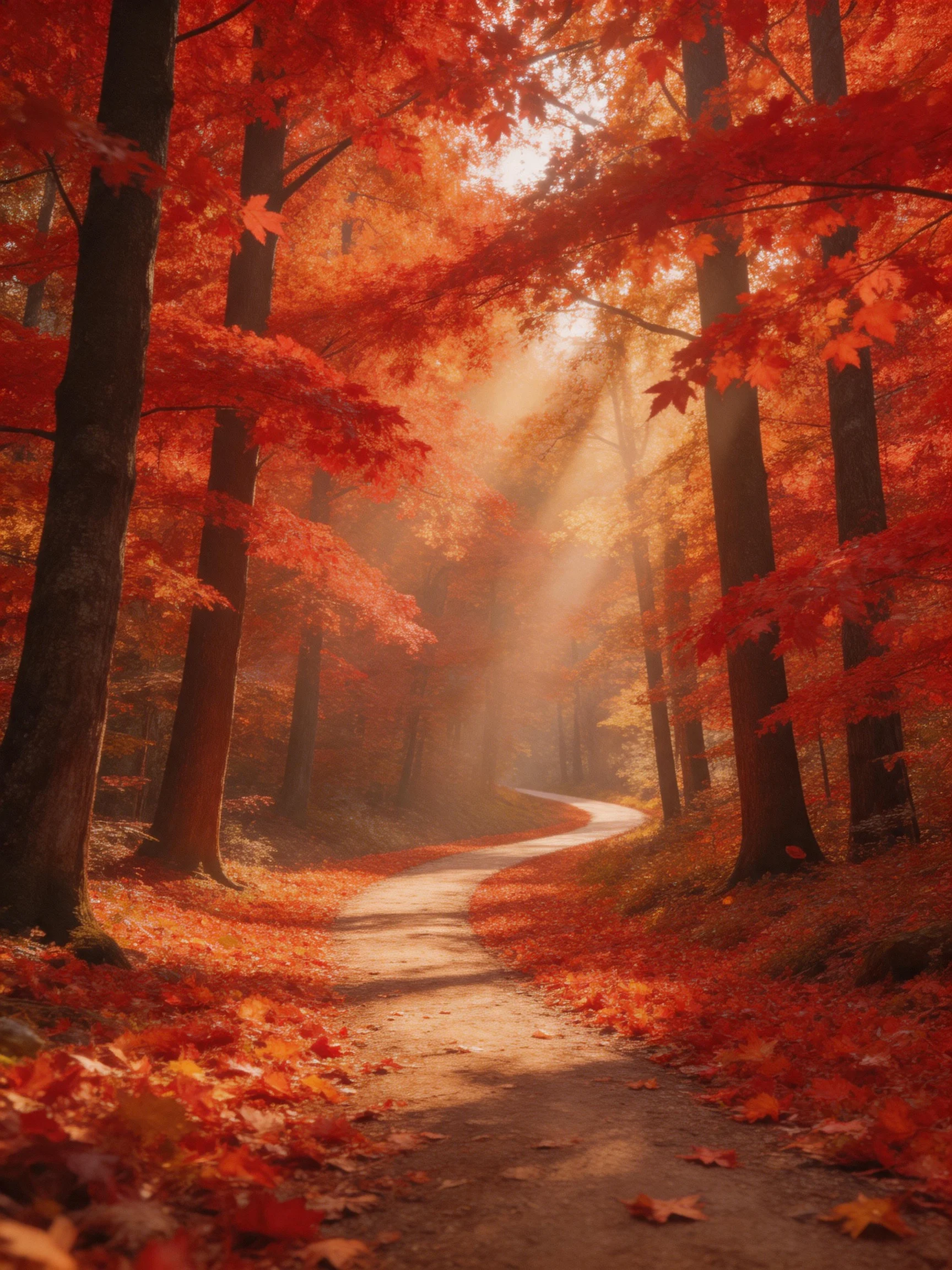 A winding dirt path through vibrant red maple forests with golden sunlight