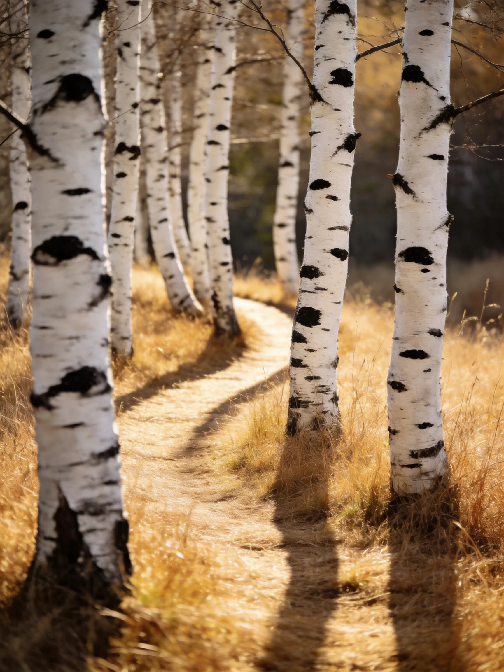 A winding dirt path through white-barked birches with golden grass