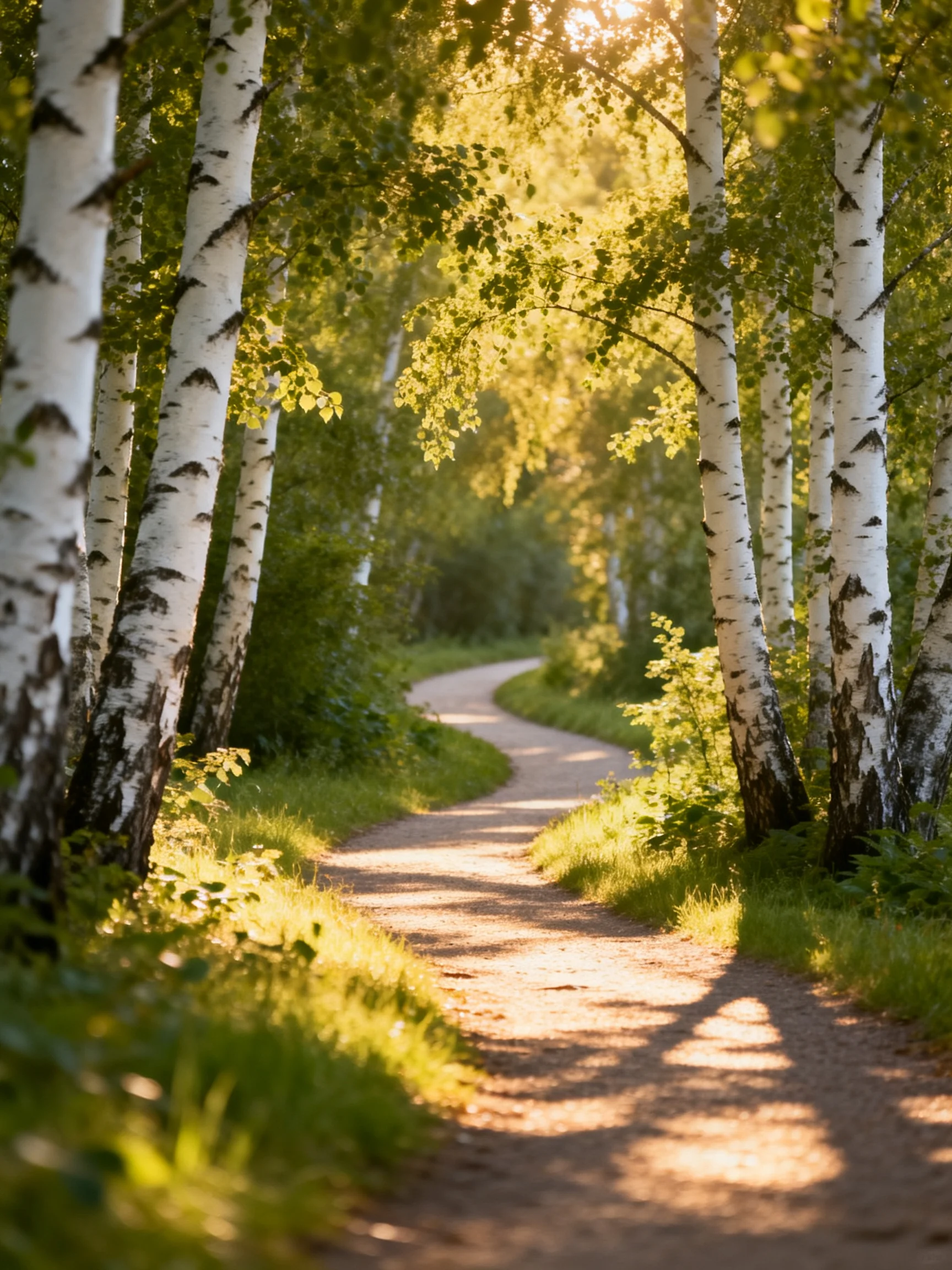 A winding dirt path through white-barked birches with golden sunlight
