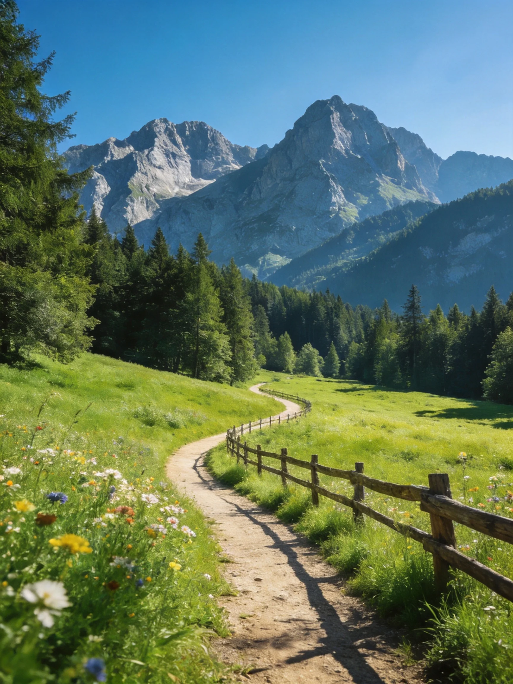 A winding dirt path winds through a lush meadow toward towering rocky mountains