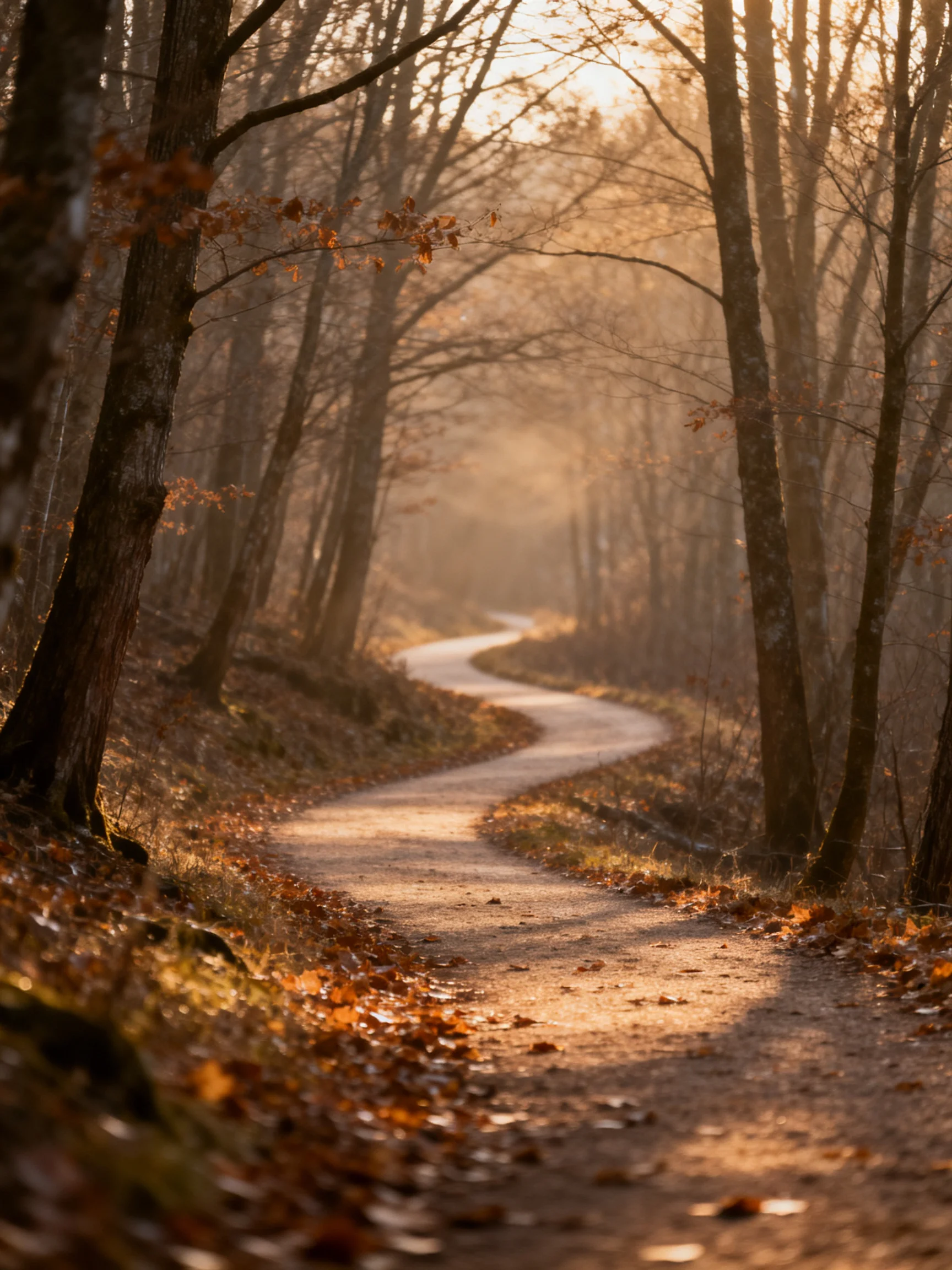 A winding dirt path winds through an autumn forest with golden light