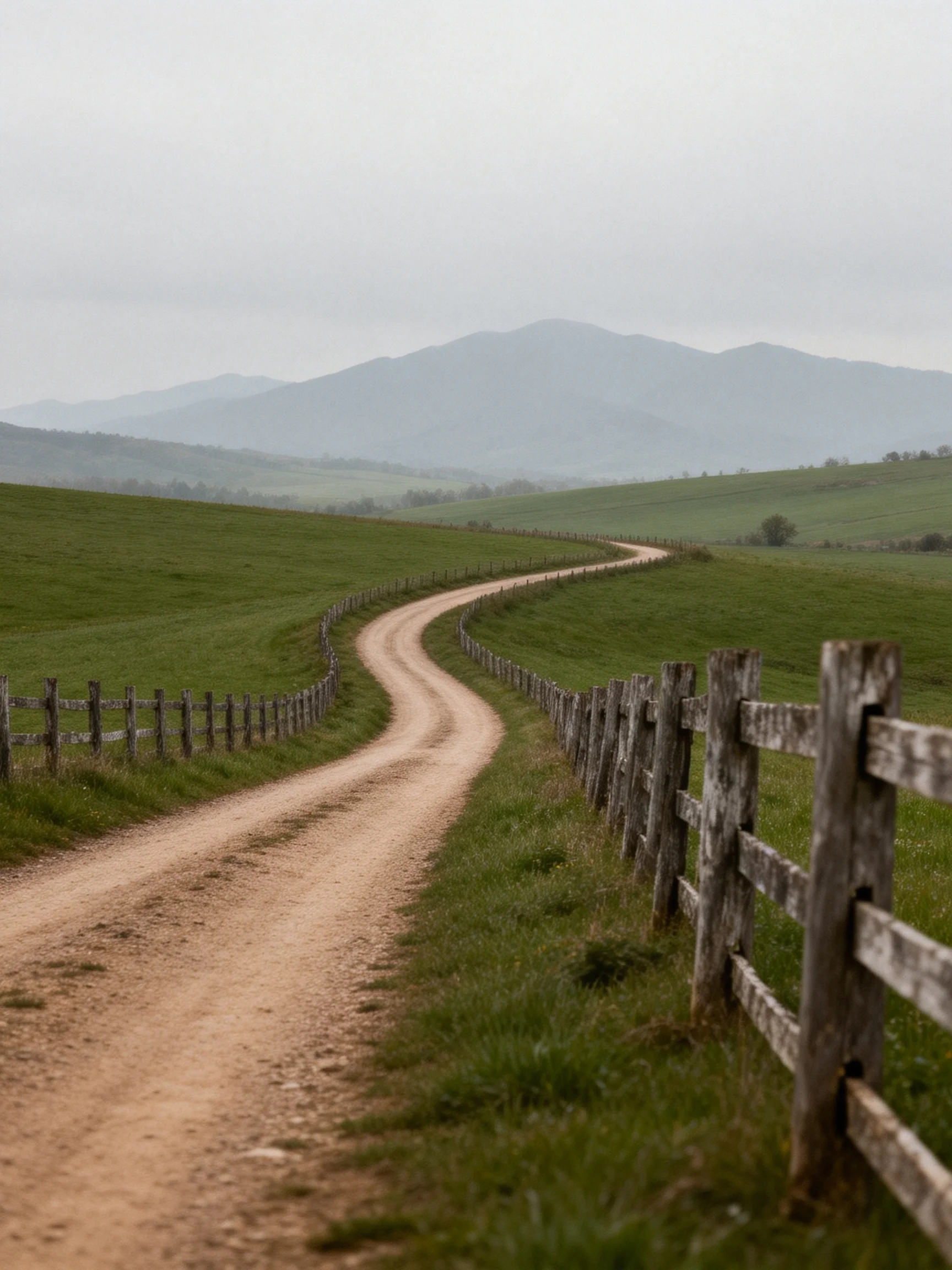 A winding dirt road bordered by weathered wood fences near misty mountains