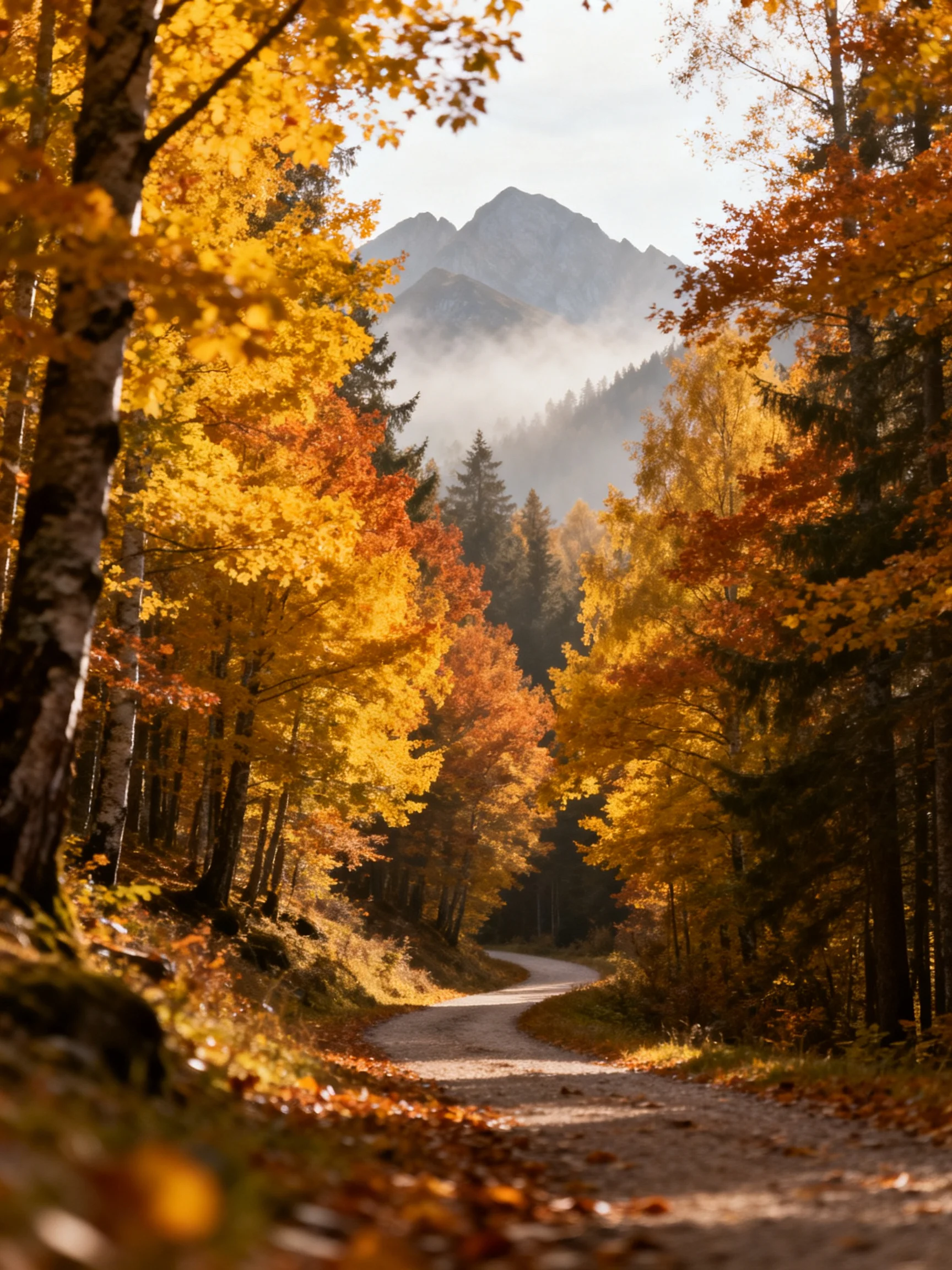 A winding dirt road leads through golden autumn forest toward misty mountains