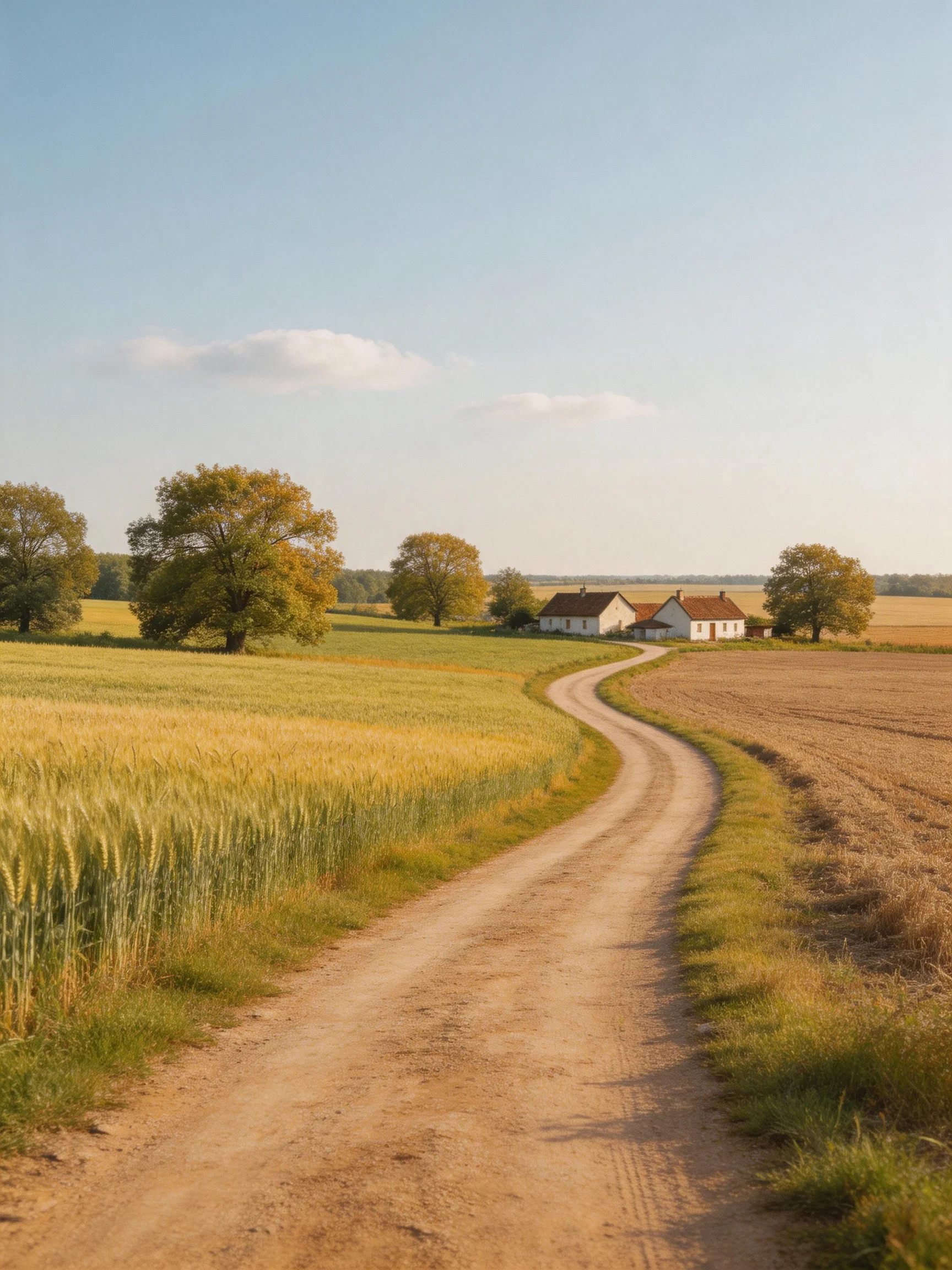 A winding dirt road leads to white farmhouses amid golden fields and tall trees.