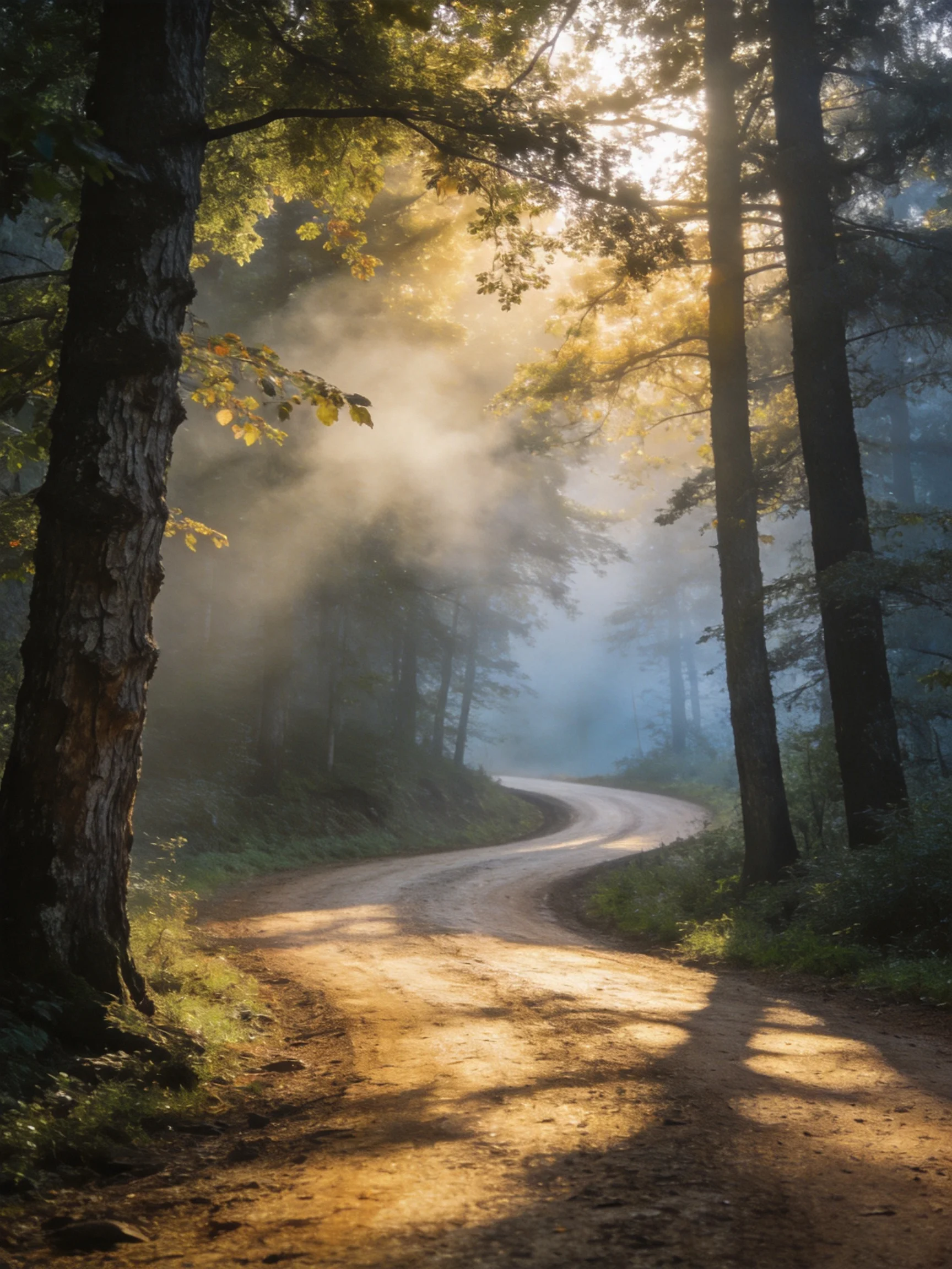 A winding dirt road through a misty forest bathed in golden light
