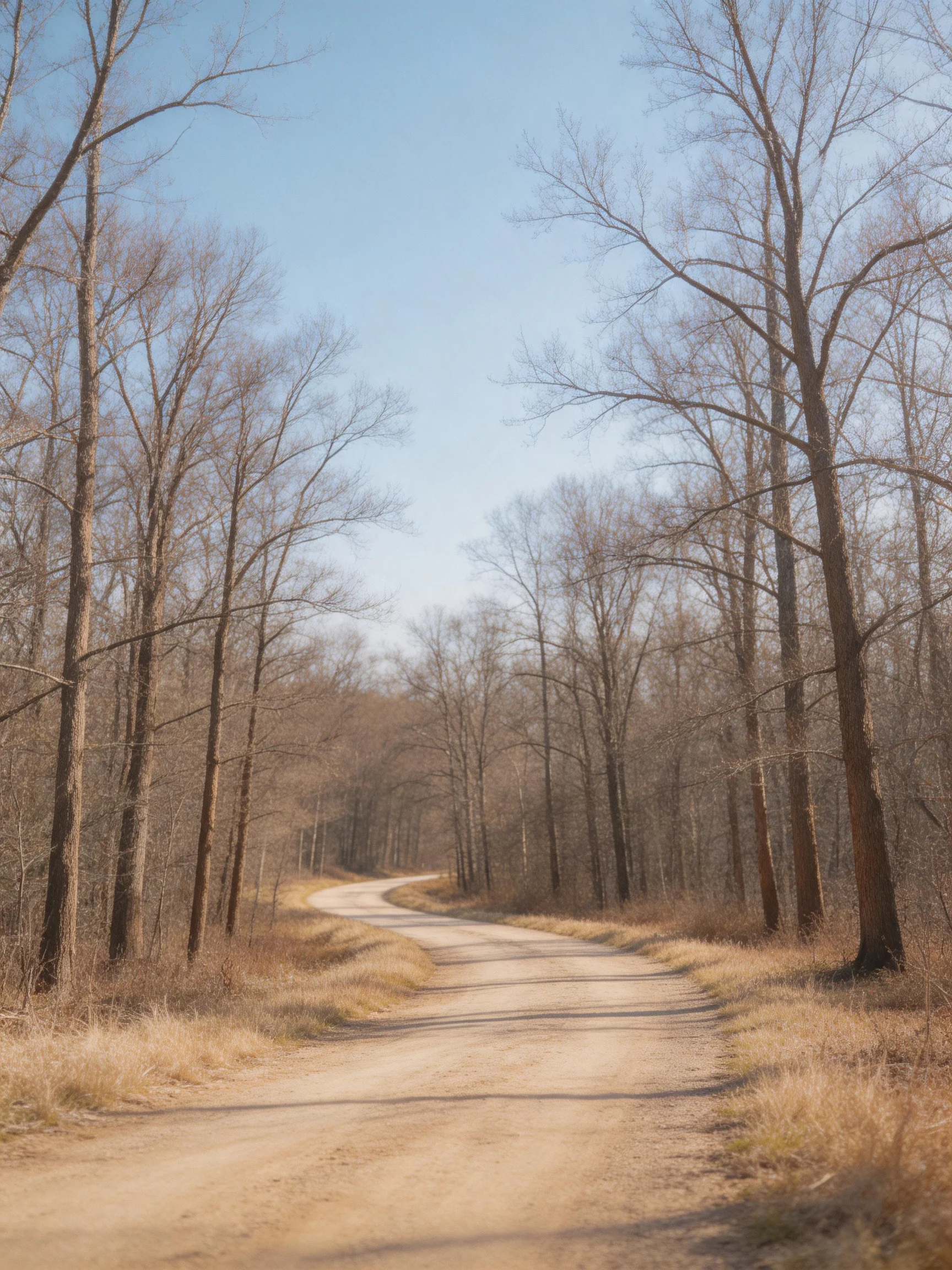 A winding dirt road through bare trees under clear sky