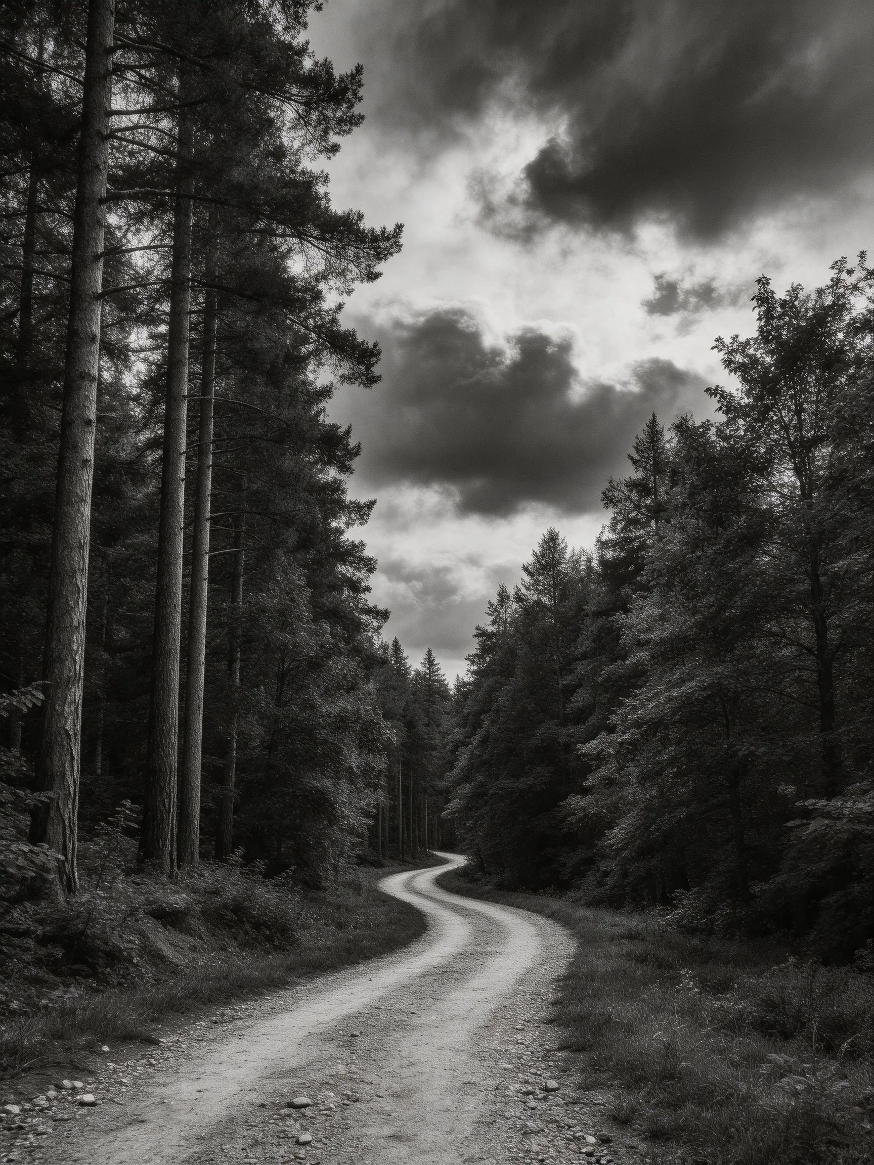 A winding dirt road through dense forest under moody clouds