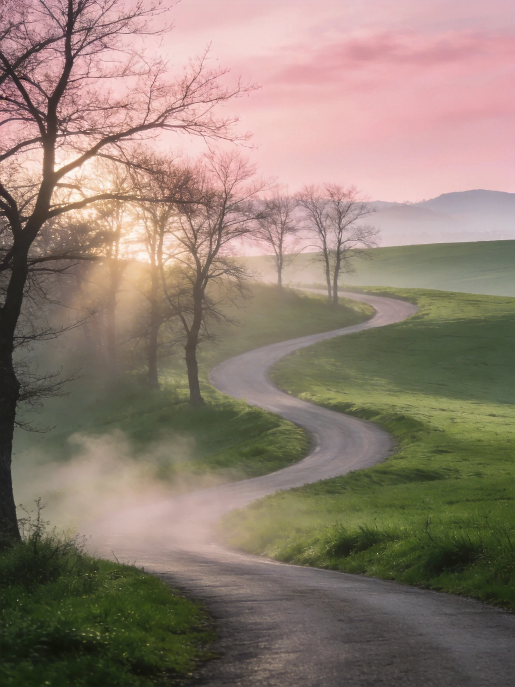 A winding dirt road through emerald fields under a pink dawn sky