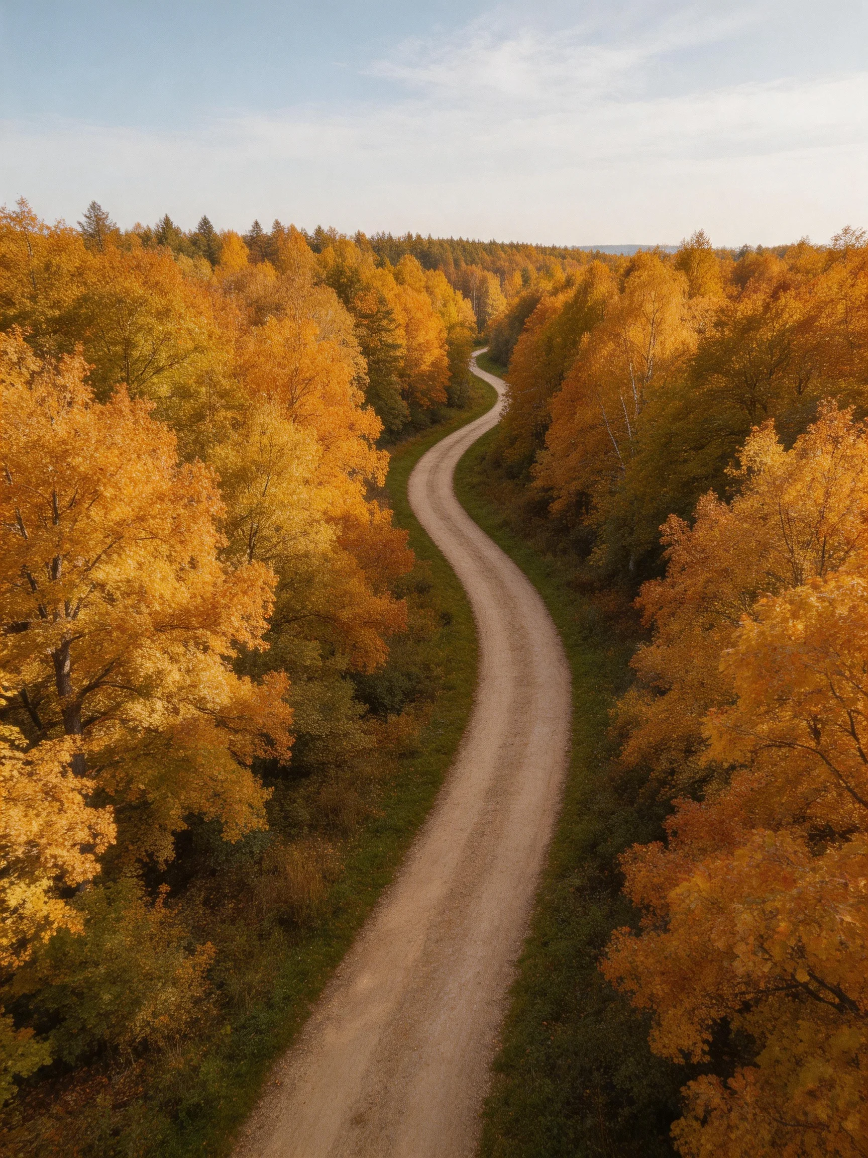 A winding dirt road winds through golden autumn forest