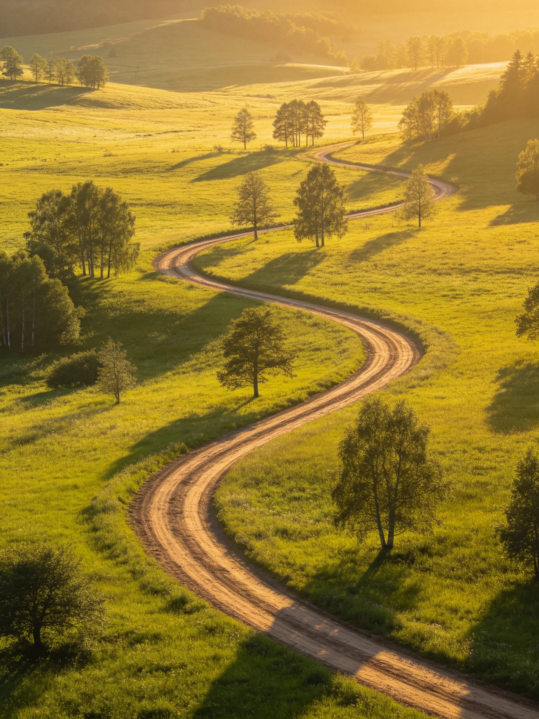 A winding dirt road winds through golden-green meadows with scattered trees