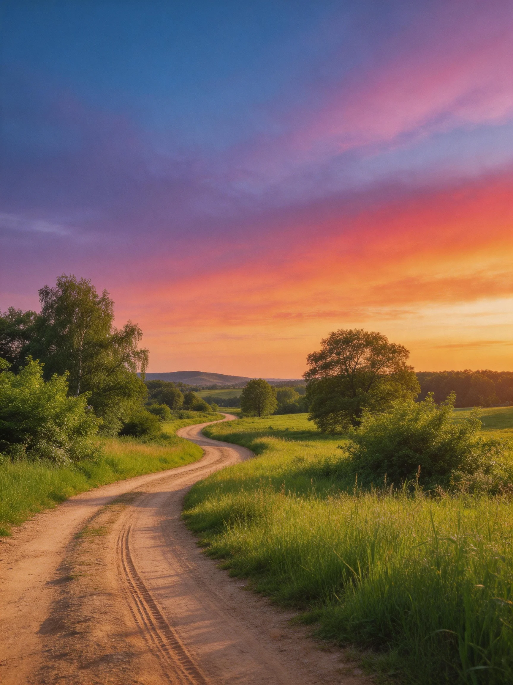 A winding dirt road winds through lush green fields under vibrant sunset skies