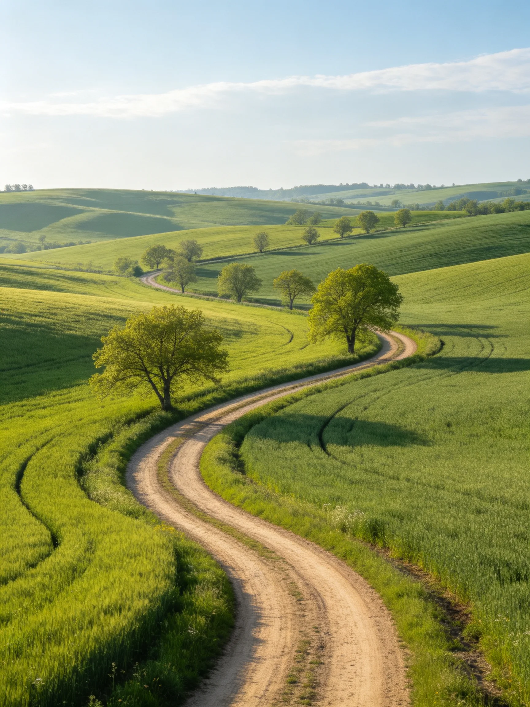 A winding dirt road winds through lush green fields with scattered trees