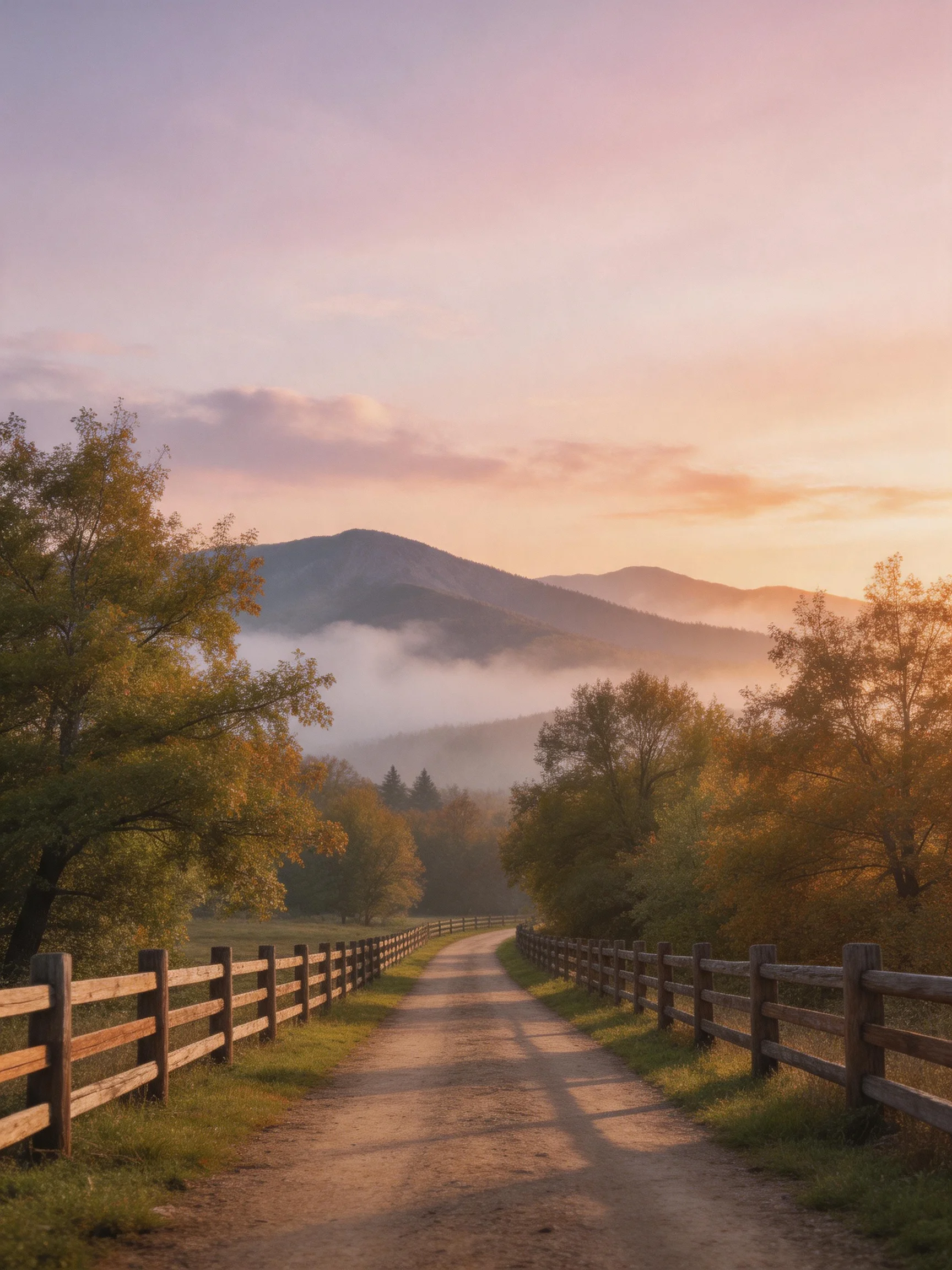 A winding dirt road with wooden fences, autumn trees, and misty mountains
