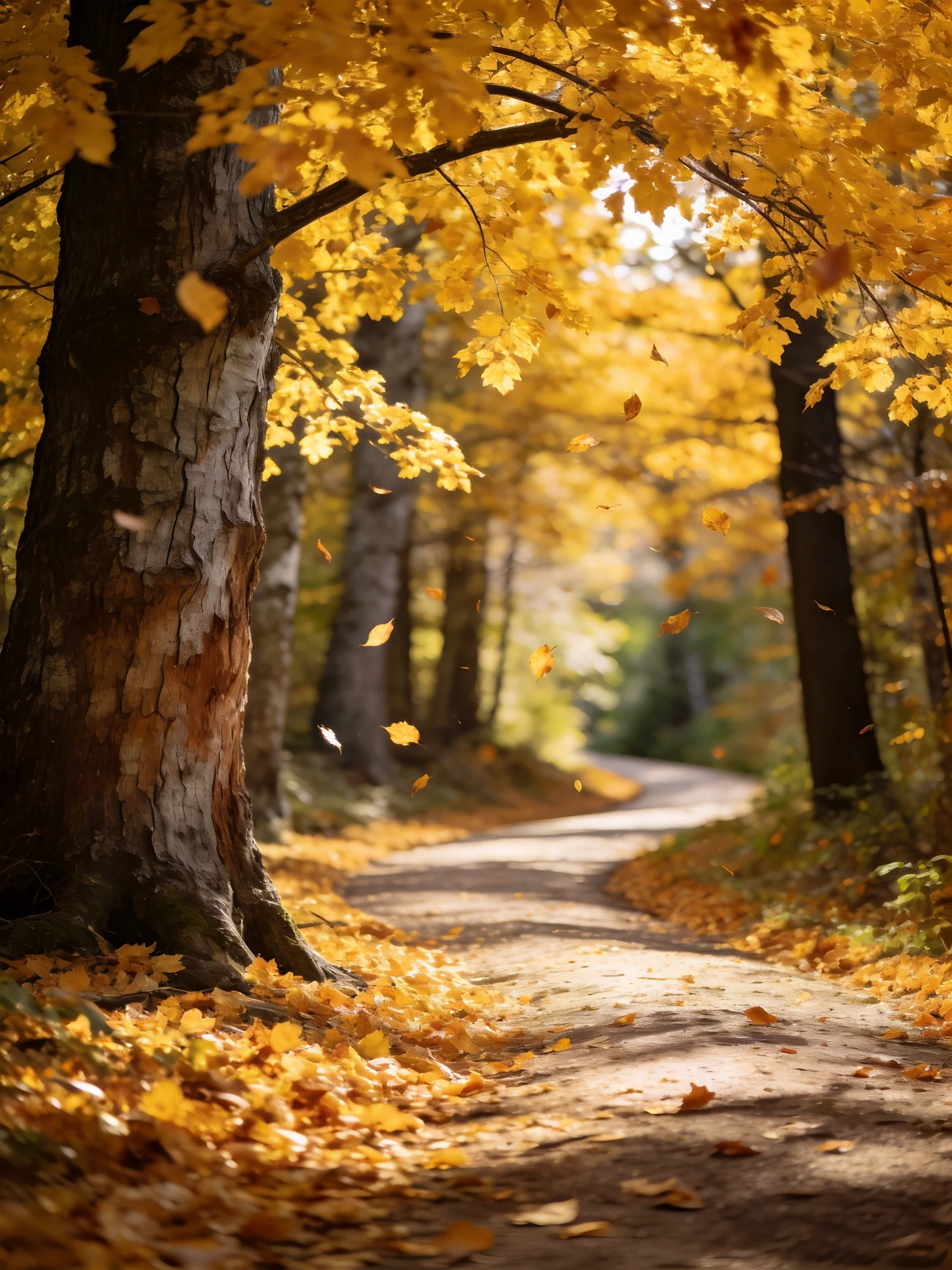 A winding forest path blanketed by golden autumn leaves and trees