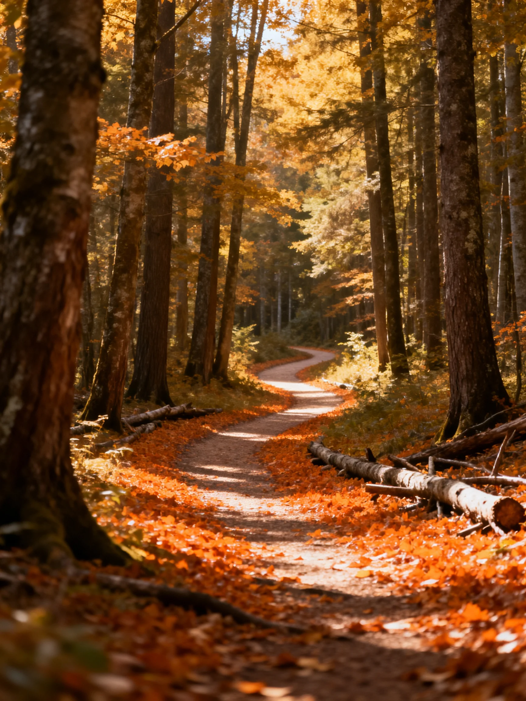 A winding forest path blanketed by vibrant autumn leaves