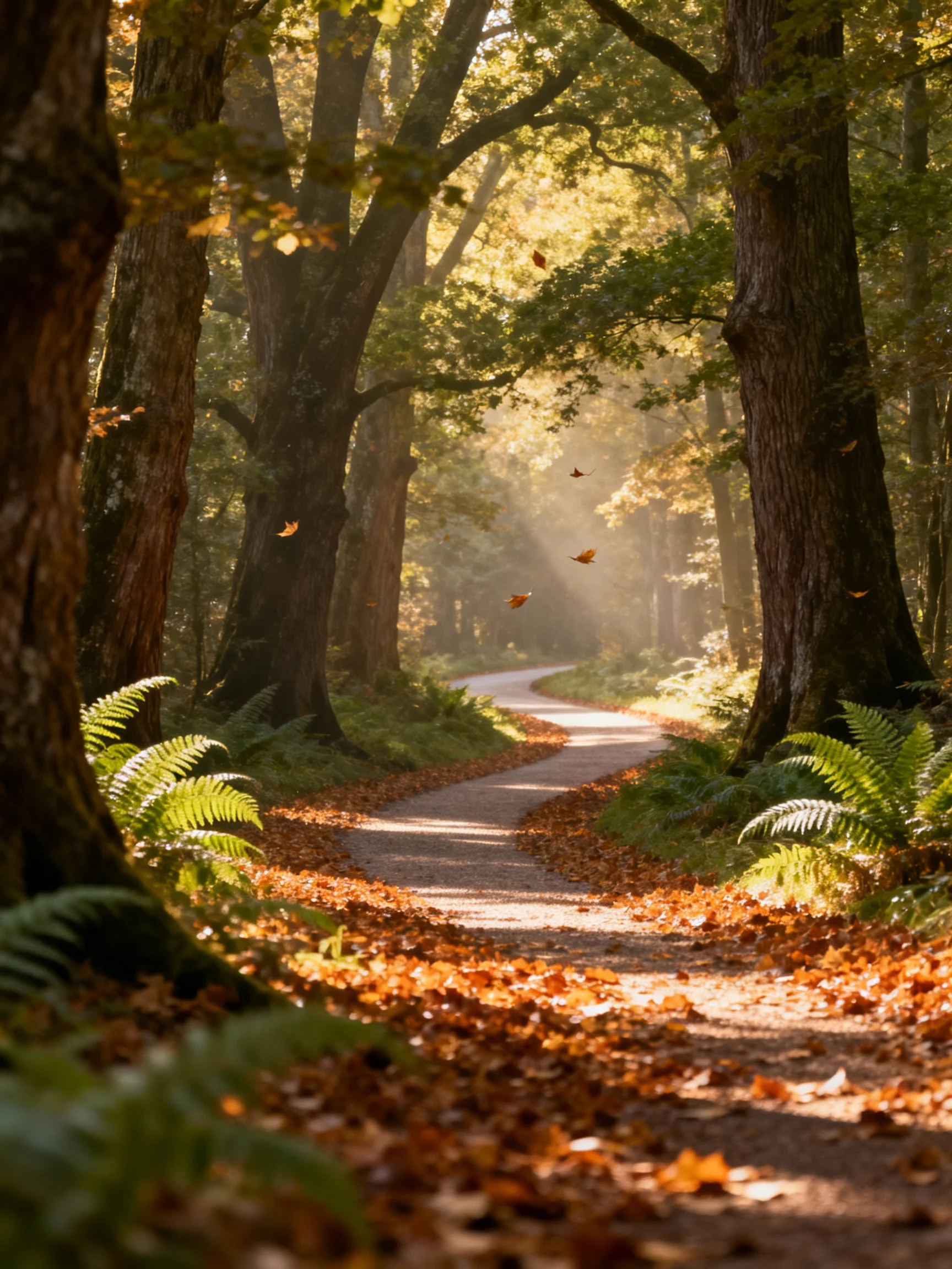 A winding forest path blanketed in autumn leaves under golden sunlight