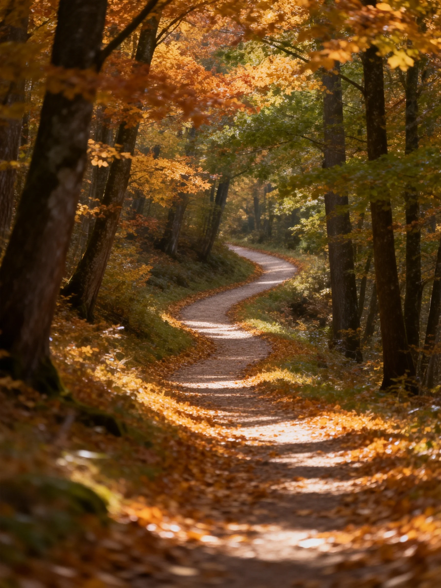 A winding forest path blanketed in golden autumn leaves