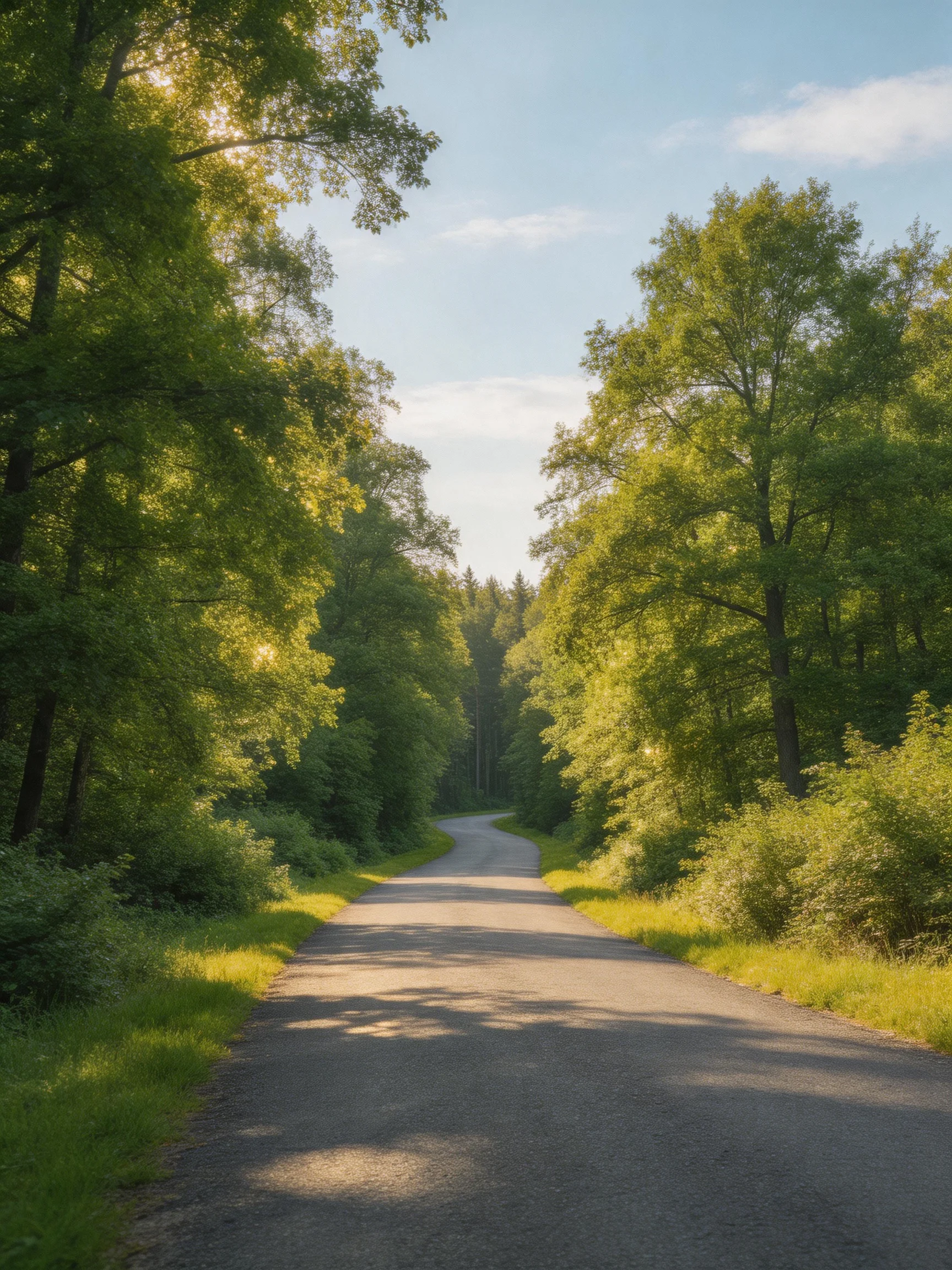 A winding forest path bordered by dense green trees