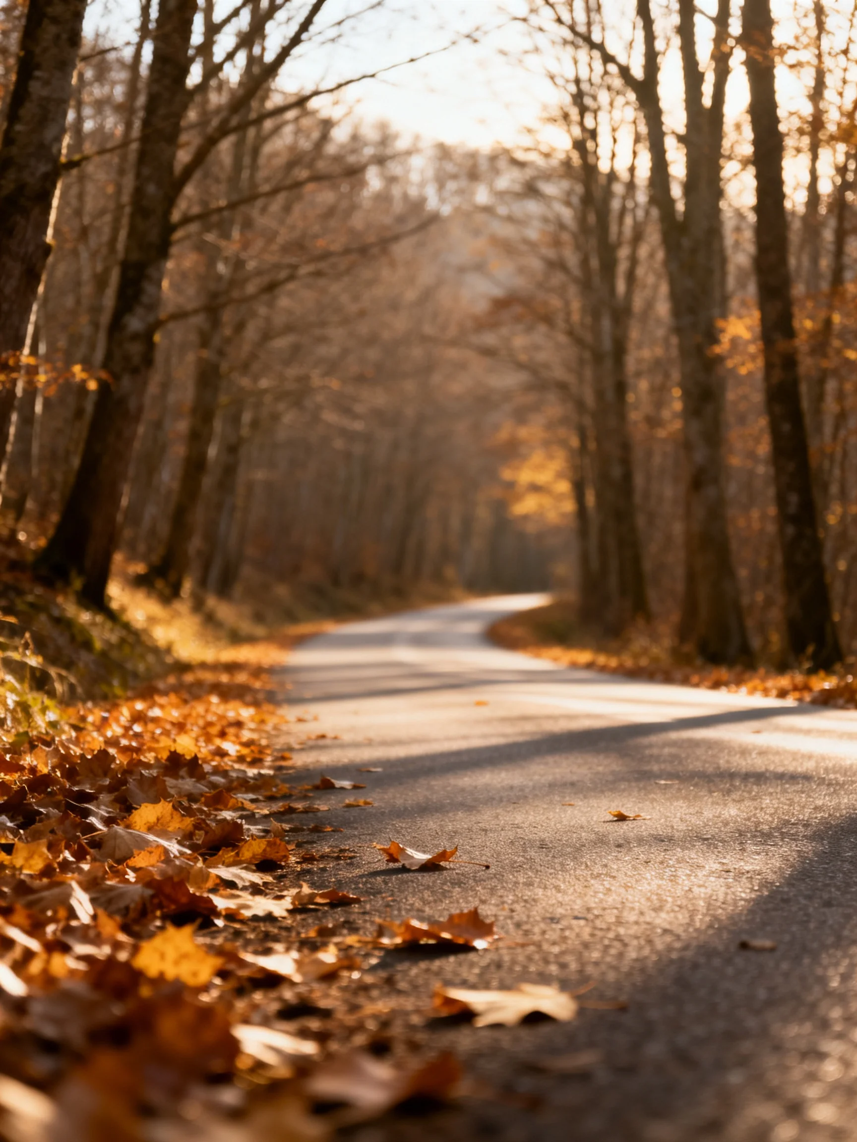 A winding forest path lined with golden autumn leaves